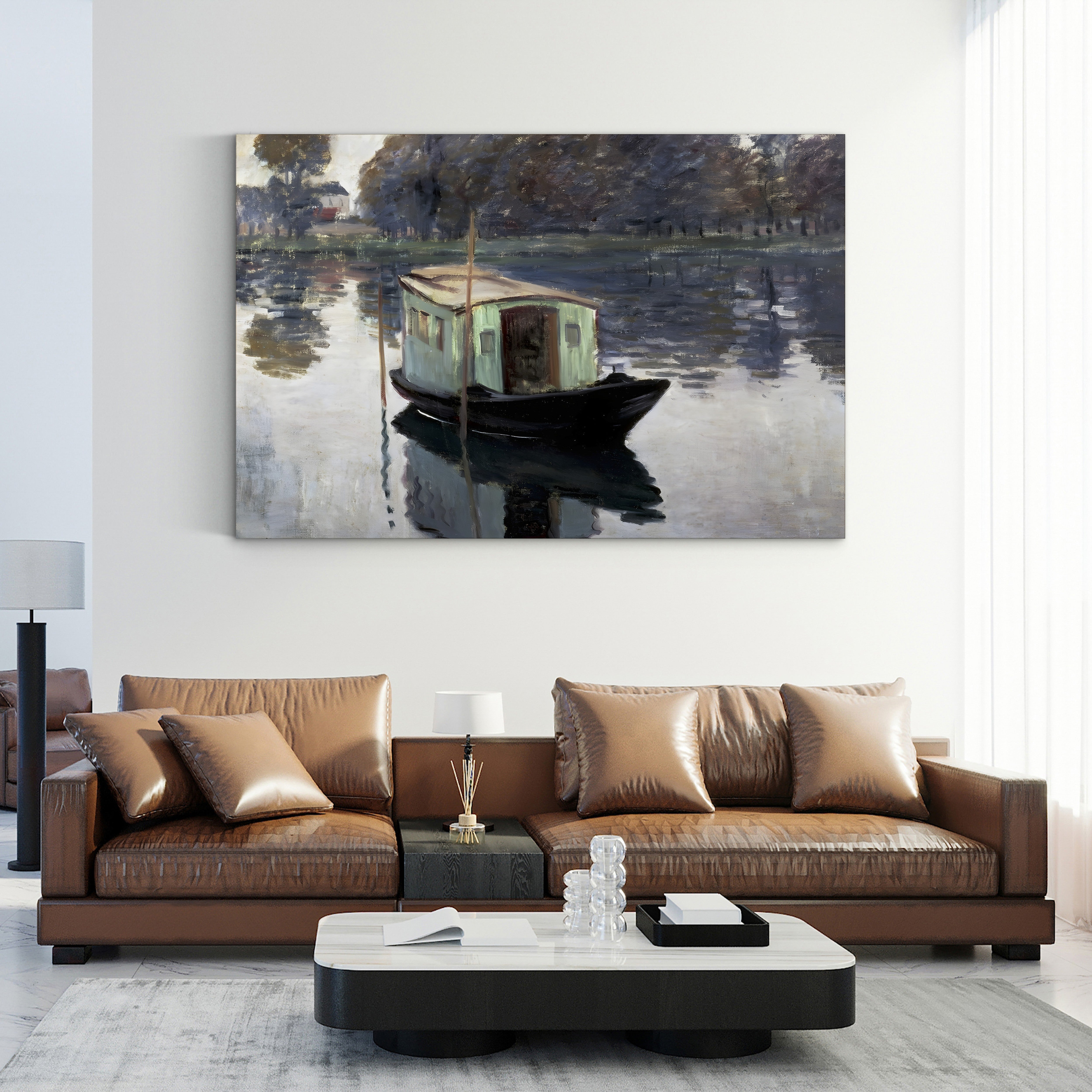 The Studio Boat, 1874 – Claude Monet Wall Art | Impressionist Floating Studio Canvas Print