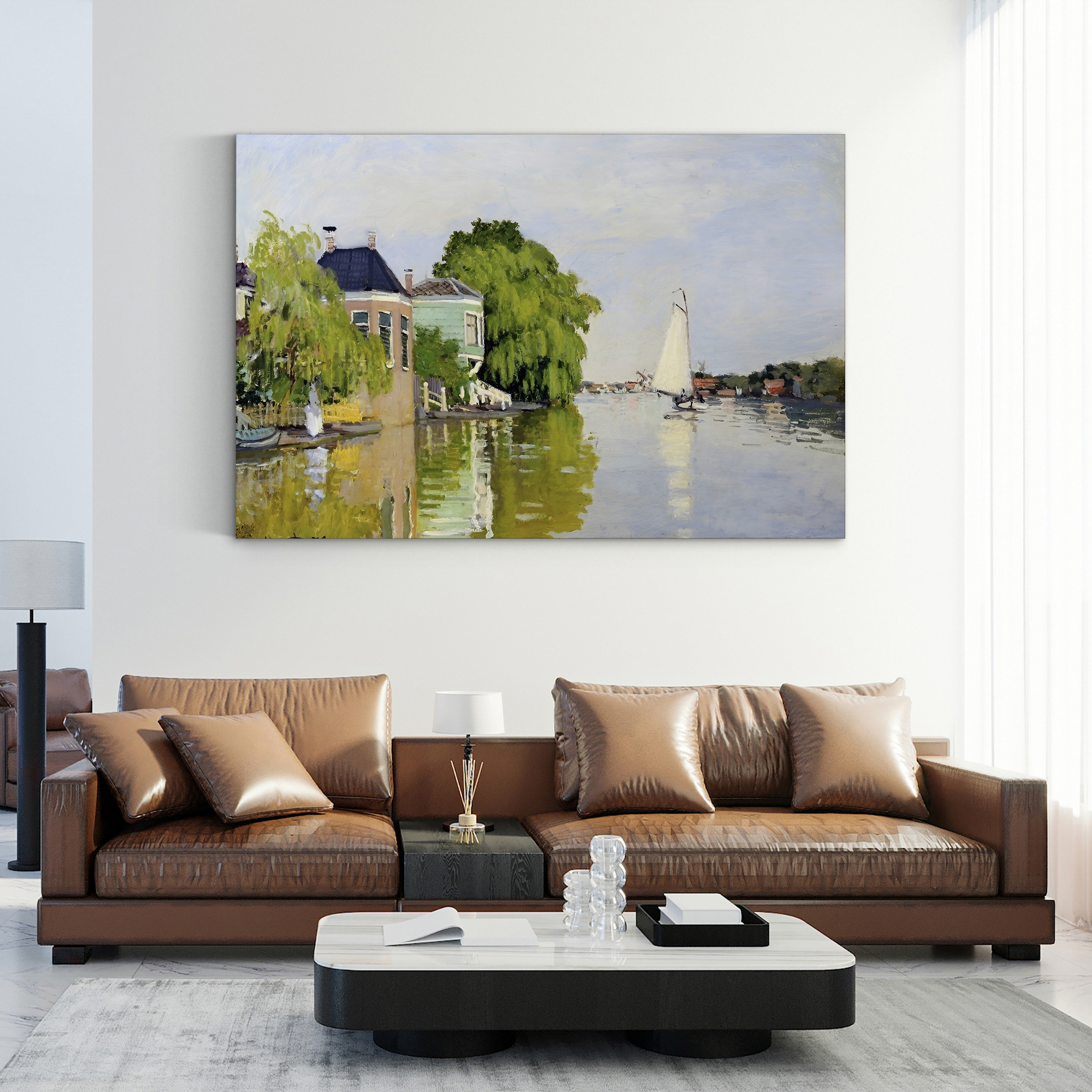 Houses on the Achterzaan – Claude Monet Wall Art | Early Impressionist Dutch Waterfront Canvas Print