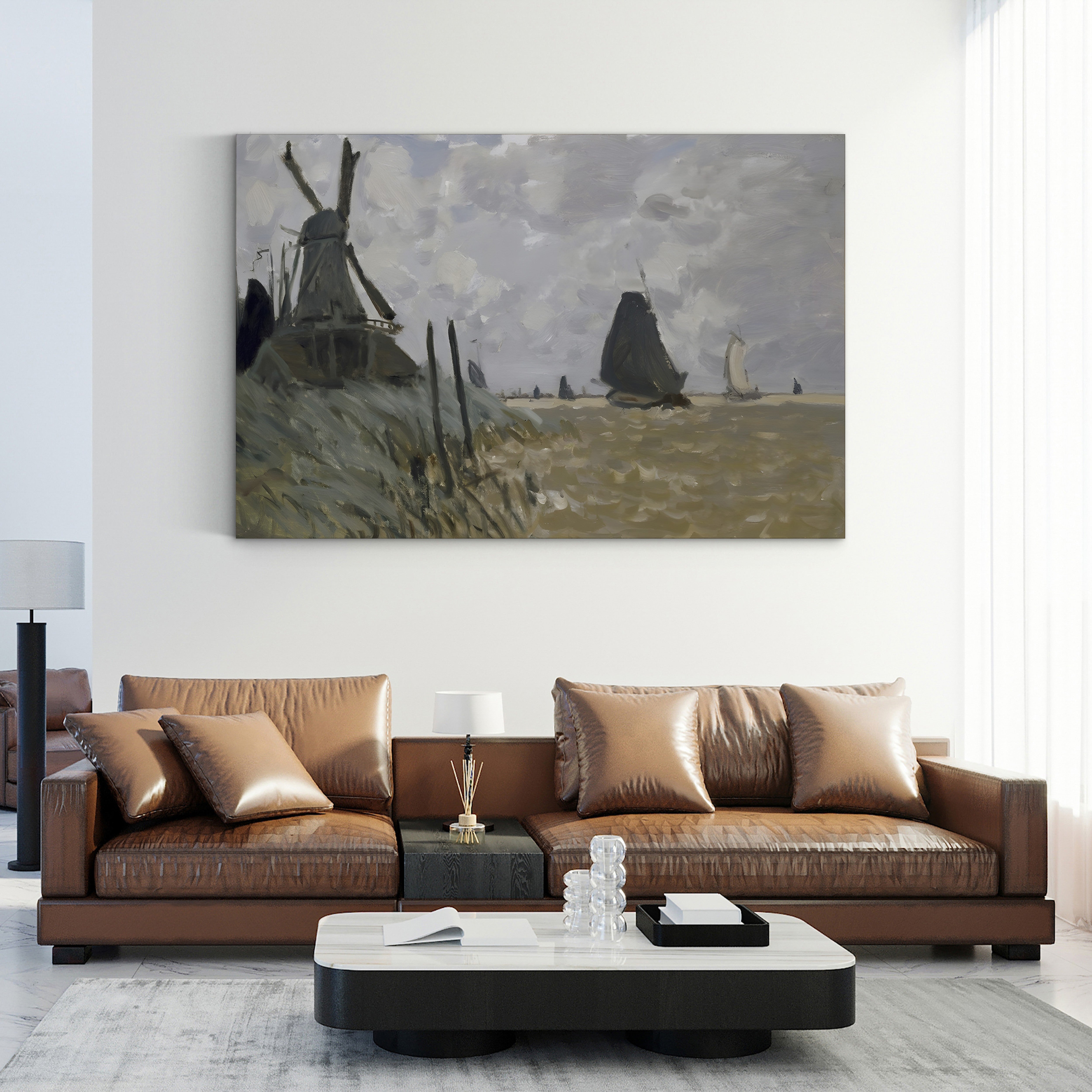 A Windmill near Zaandam – Claude Monet Wall Art | Early Impressionist Dutch Landscape Canvas Print