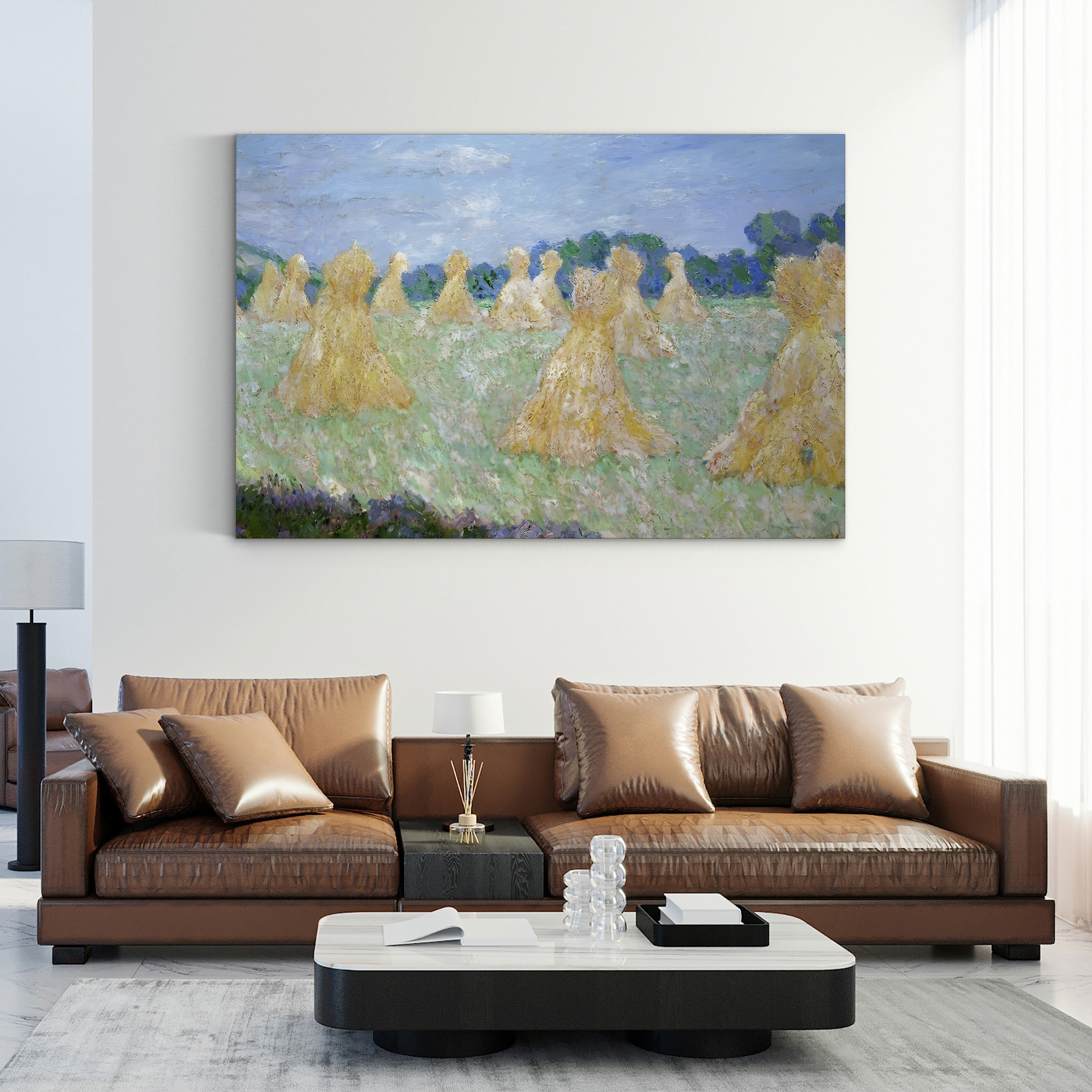 Haystacks: The Young Ladies of Giverny, Sun Effect – Claude Monet Wall Art | Impressionist Series Canvas Print