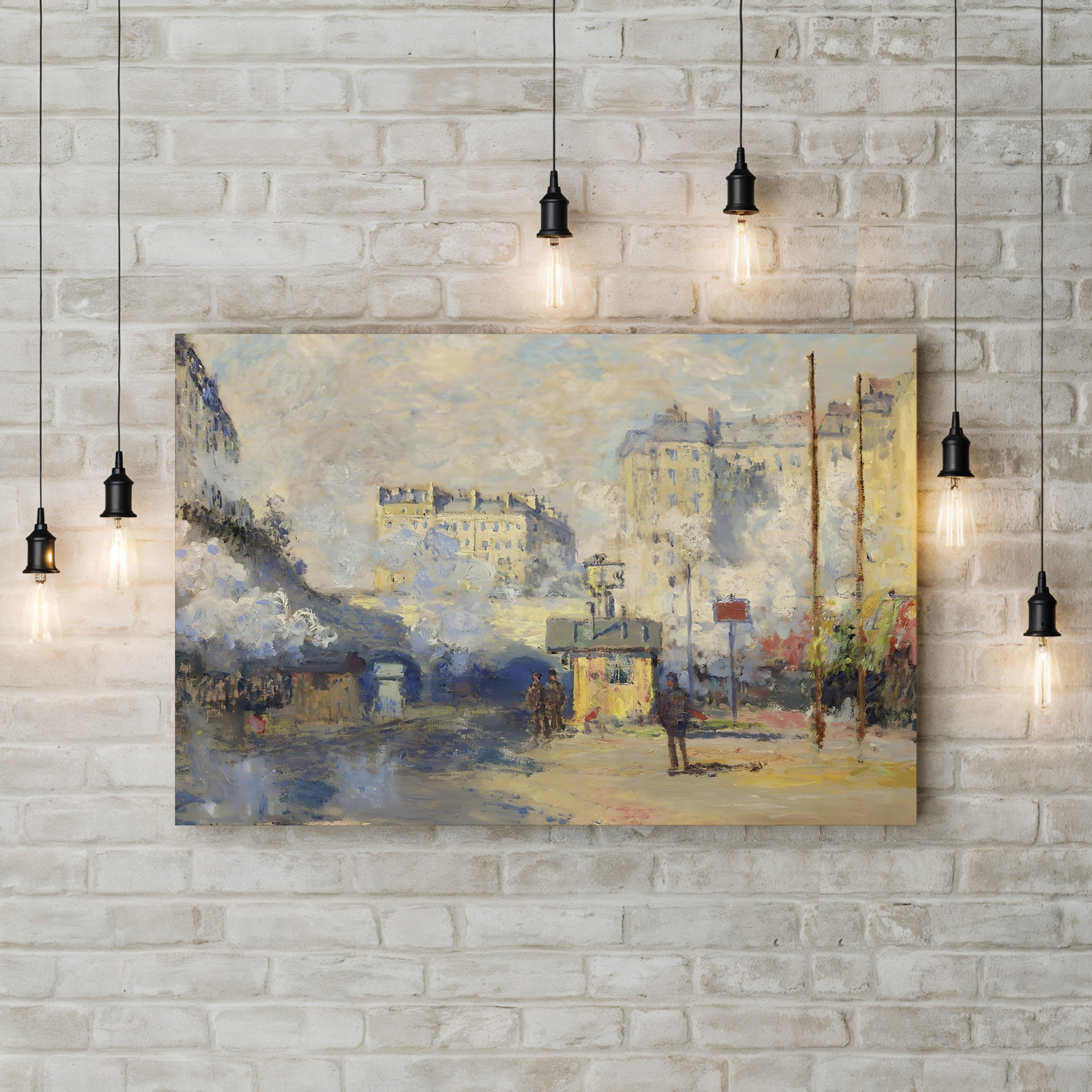 Exterior of Saint-Lazare Station, Sunlight Effect, 1877 – Claude Monet Wall Art | Impressionist Industrial Landscape Print