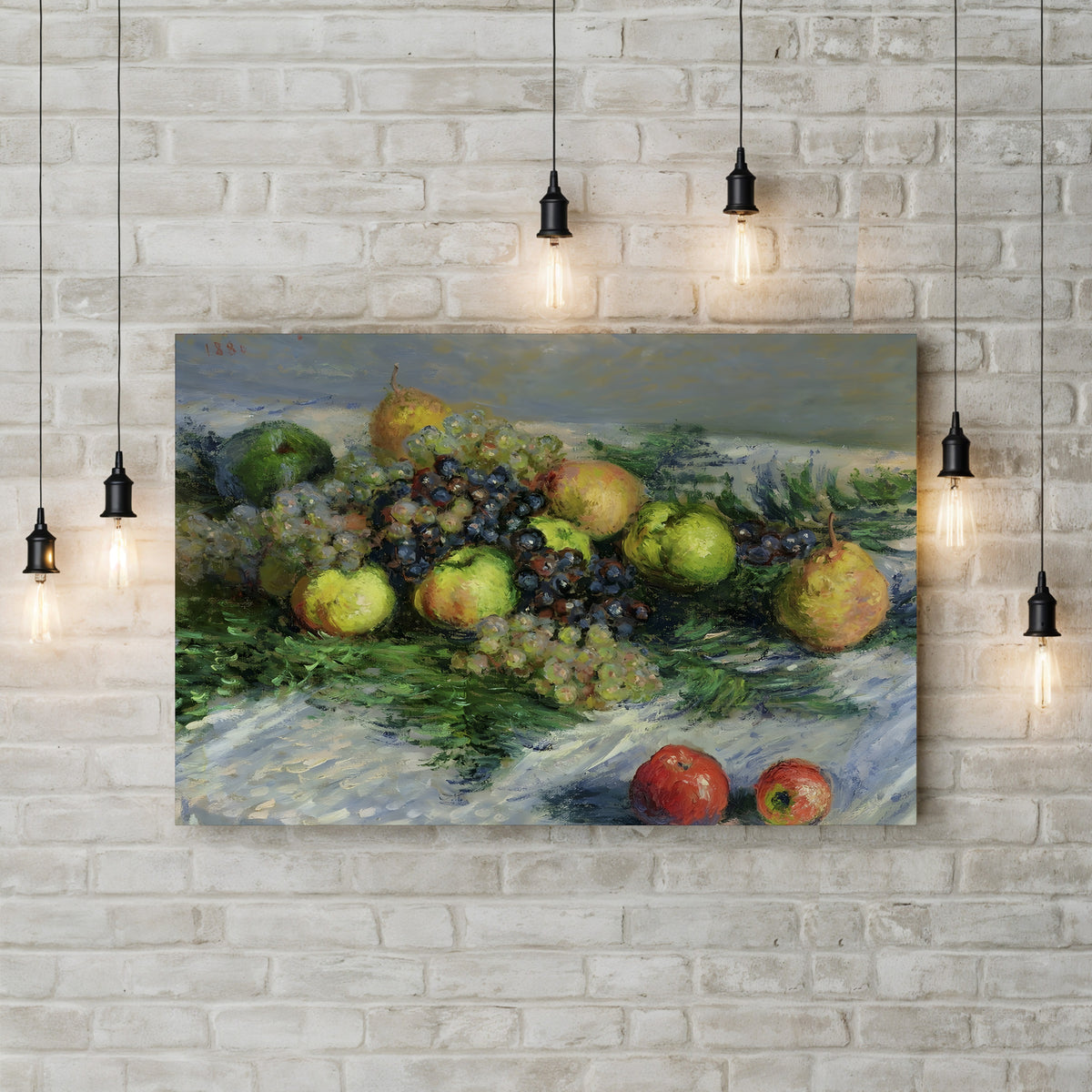 Still Life with Pears and Grapes (Nature morte, poires et raisin), c. 1880 by Claude Monet canvas print displayed on a brick wall