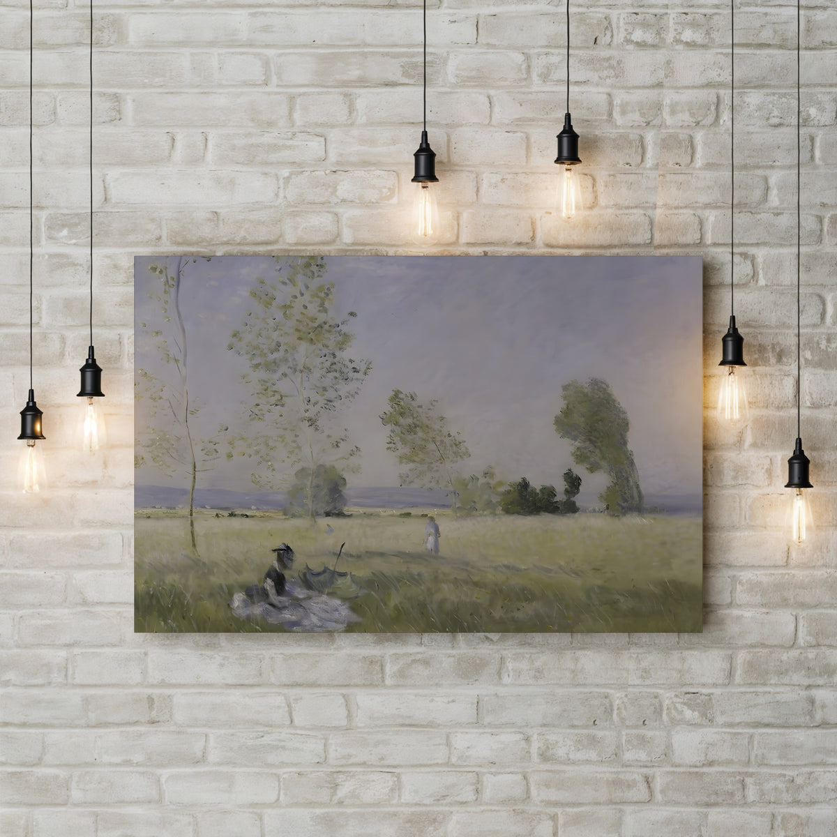 Summer (L’Été), c. 1874 by Claude Monet canvas print displayed on a brick wall