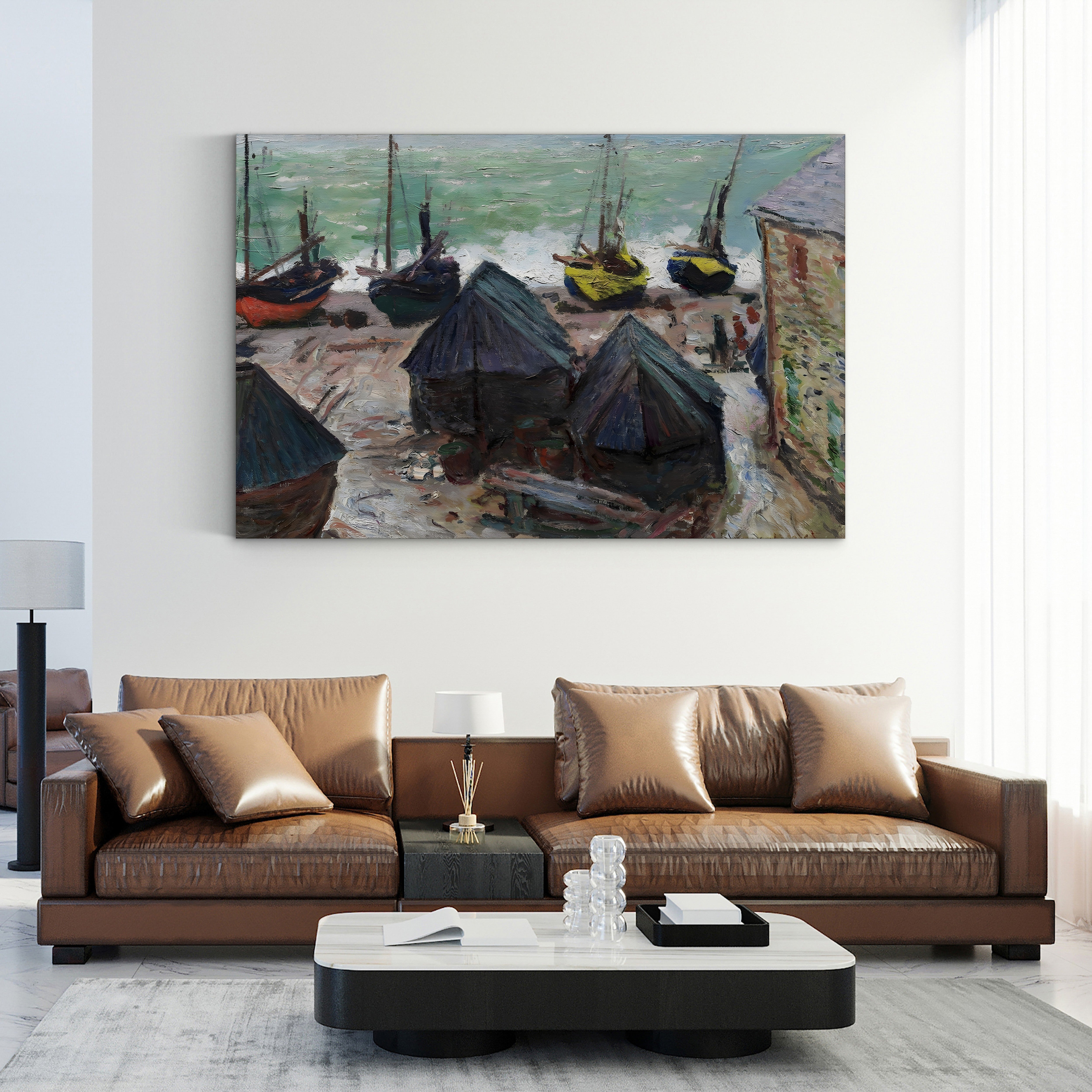 Boats on the Beach at Étretat – Claude Monet Wall Art | Impressionist Normandy Coastal Canvas Print