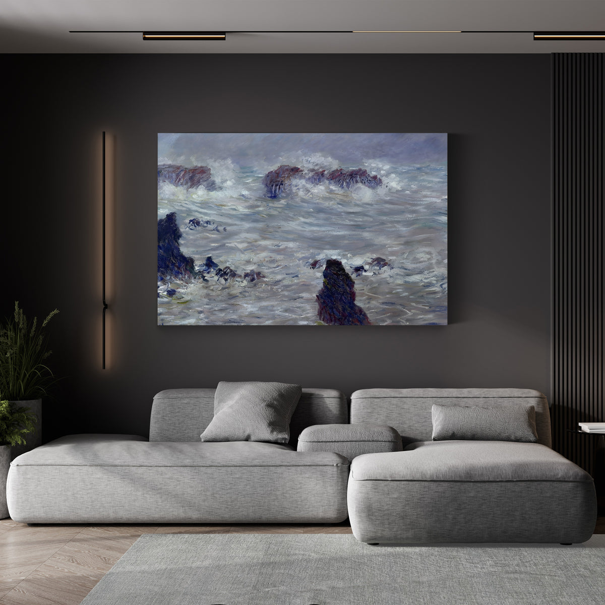 Storm off the Belle-Île Coast, c. 1886 by Claude Monet canvas print displayed in a living room