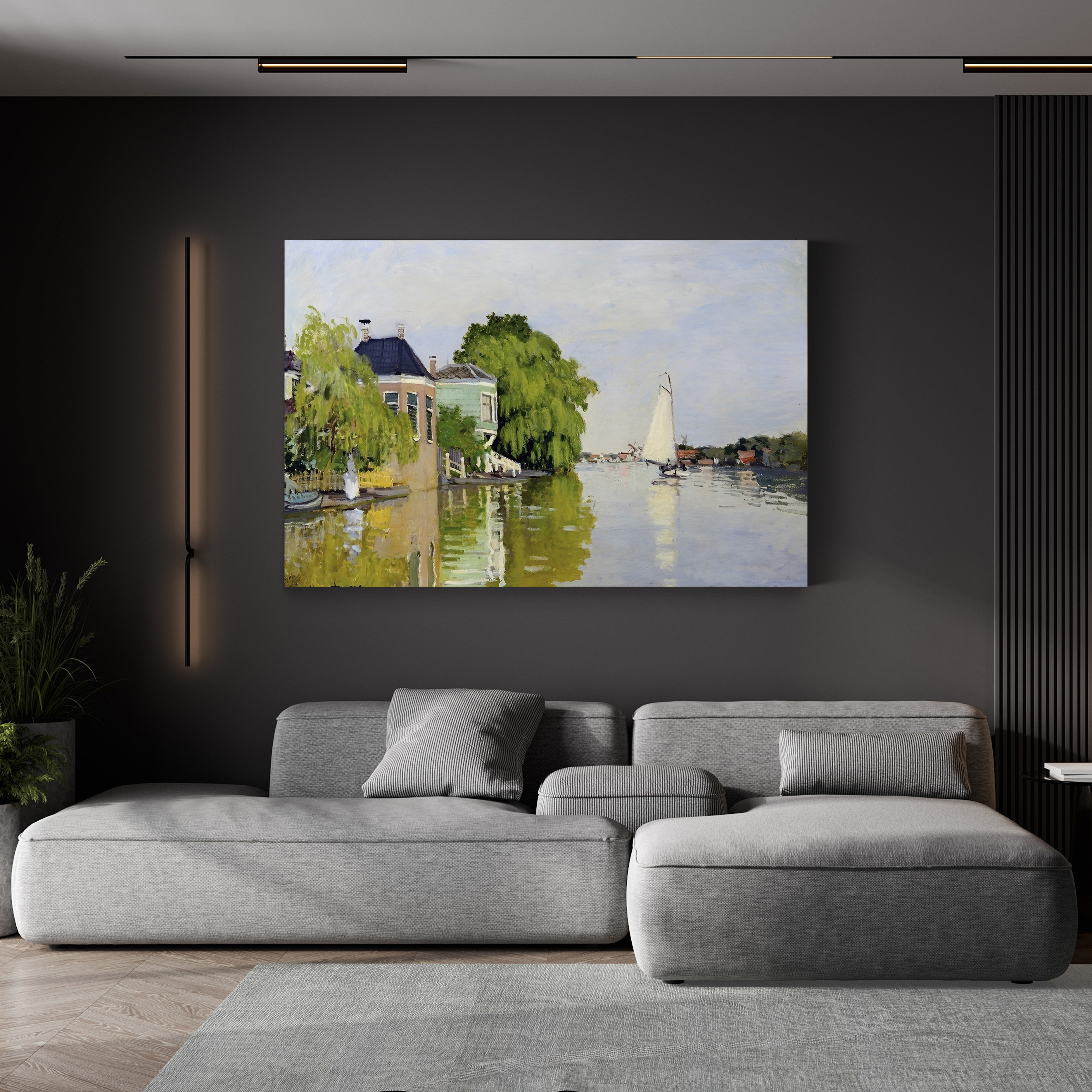 Houses on the Achterzaan – Claude Monet Wall Art | Early Impressionist Dutch Waterfront Canvas Print