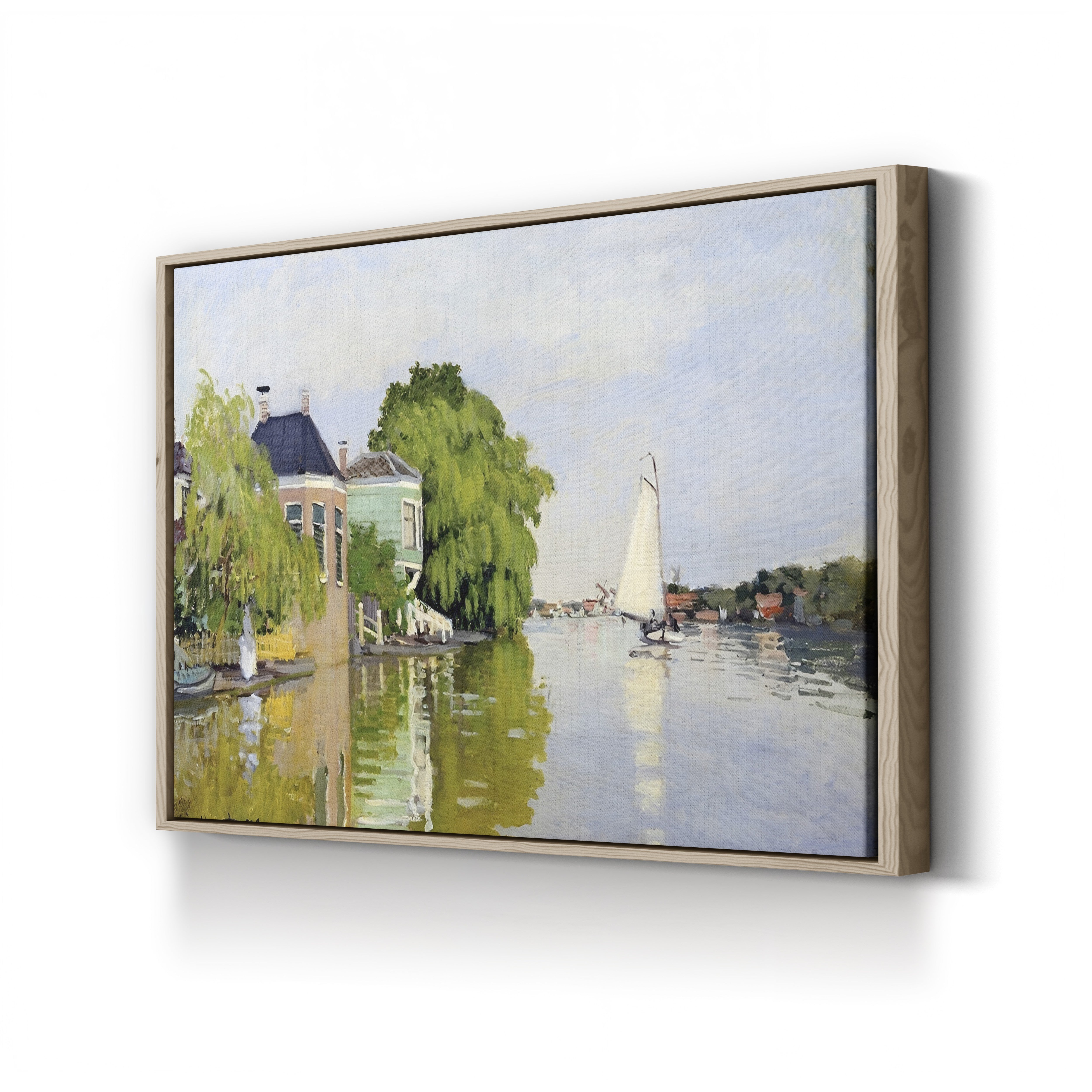 Houses on the Achterzaan – Claude Monet Wall Art | Early Impressionist Dutch Waterfront Canvas Print
