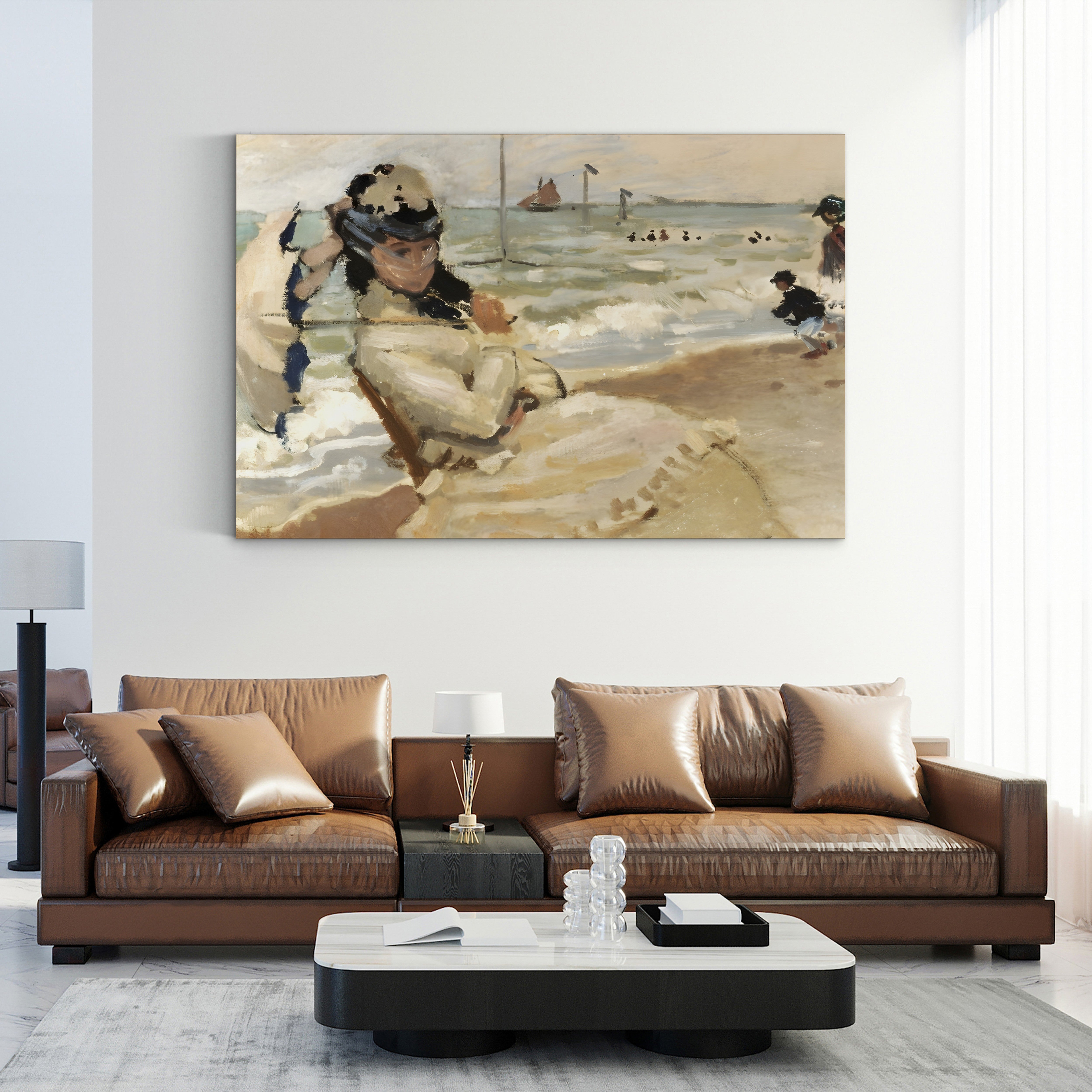 Camille on the Beach at Trouville – Claude Monet Wall Art | Early Impressionist Norman Beach Canvas Print
