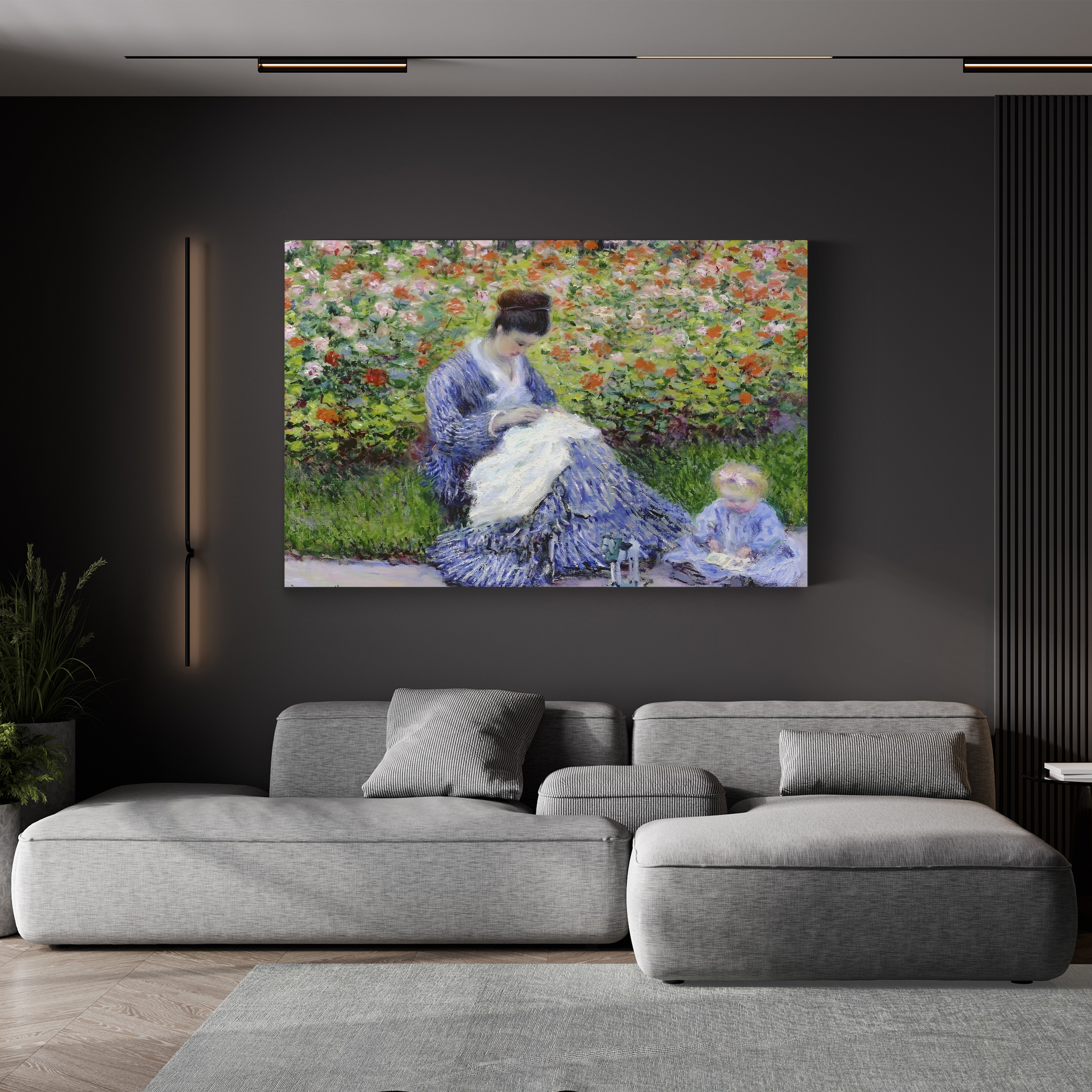 Camille Monet and a Child in the Artist's Garden at Argenteuil – Claude Monet Wall Art | Impressionist Garden Figure Canvas Print