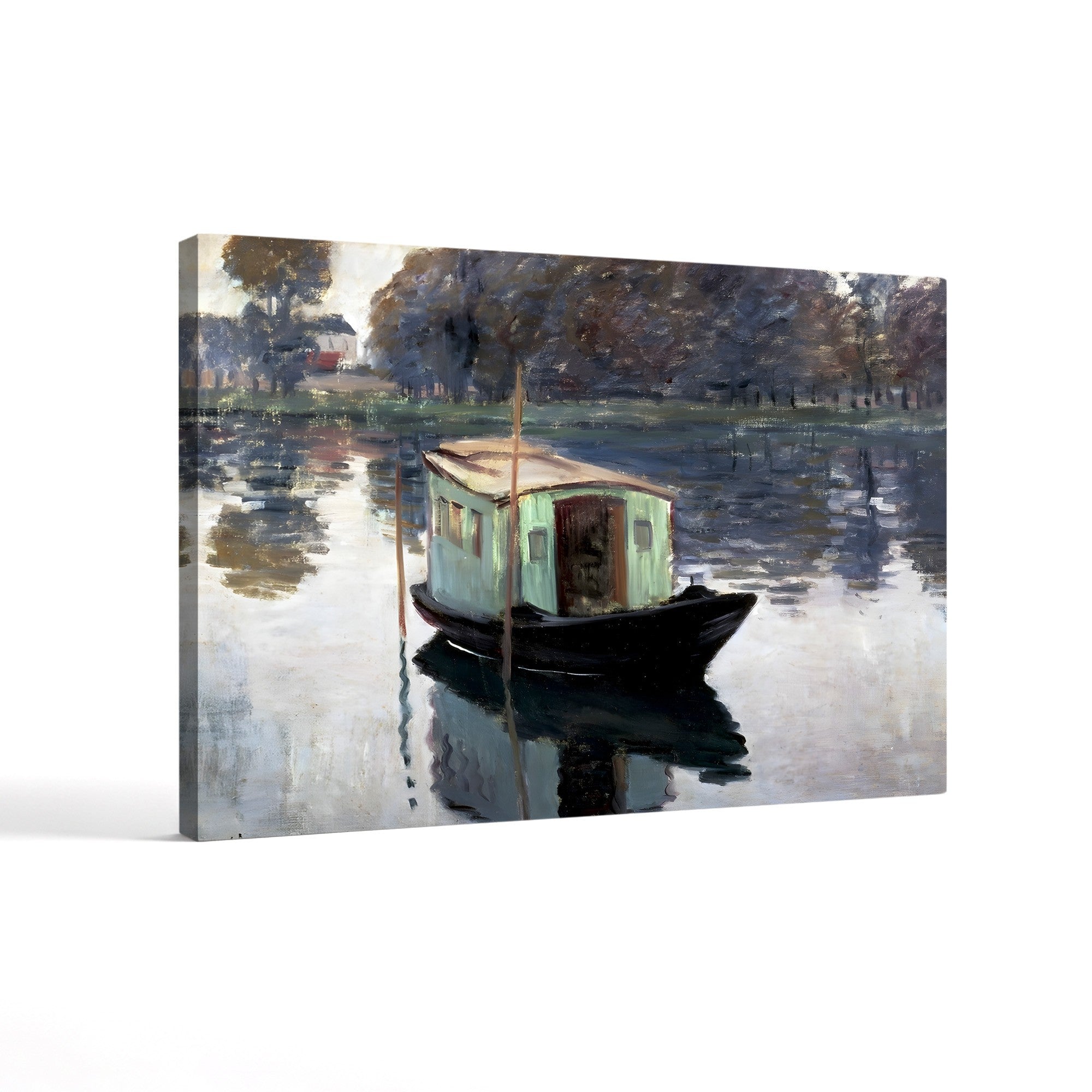 The Studio Boat, 1874 – Claude Monet Wall Art | Impressionist Floating Studio Canvas Print