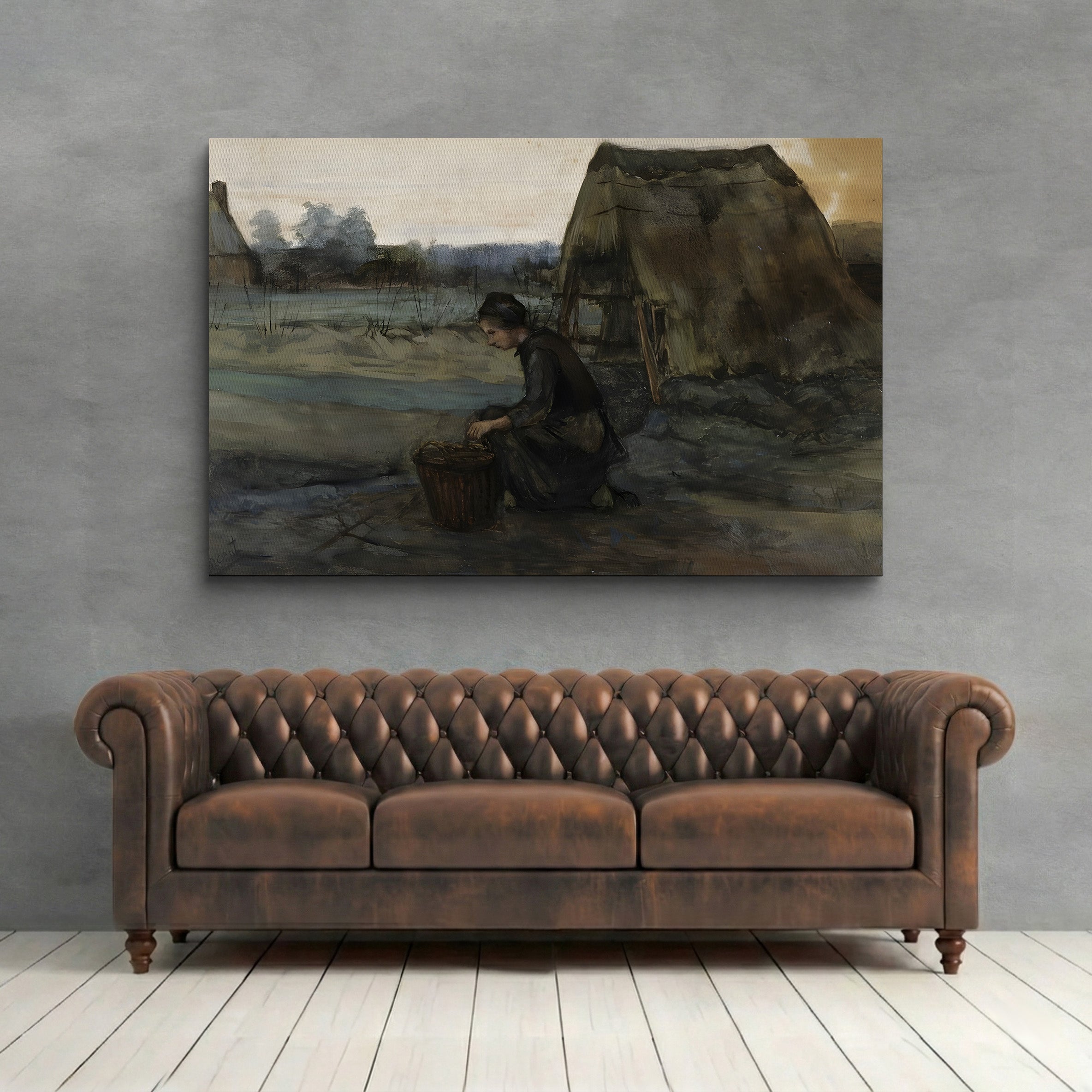 A Kneeling Peasant Woman in Front of a Hut by Vincent van Gogh canvas print displayed above a brown leather sofa