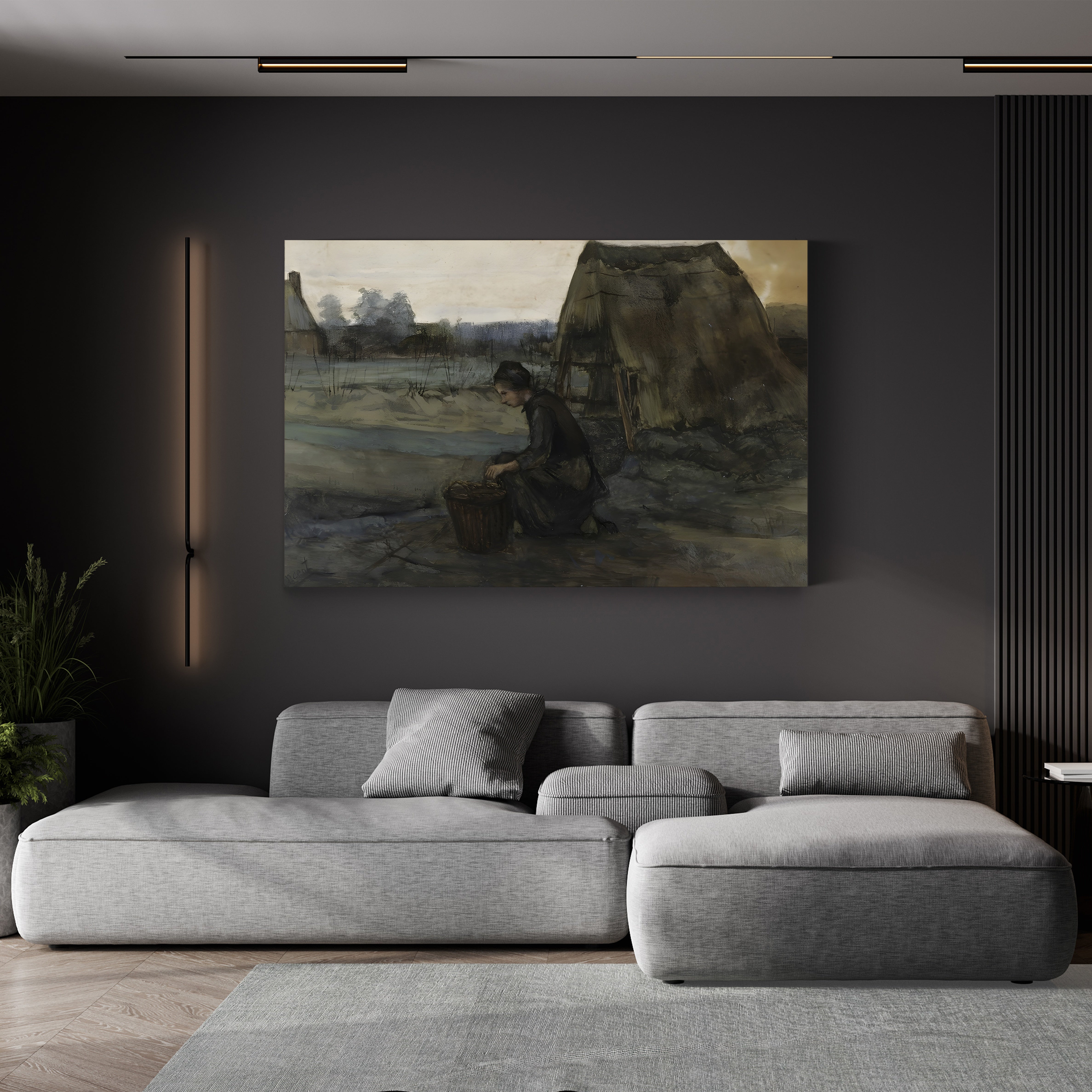 A Kneeling Peasant Woman in Front of a Hut by Vincent van Gogh canvas print displayed in a living room