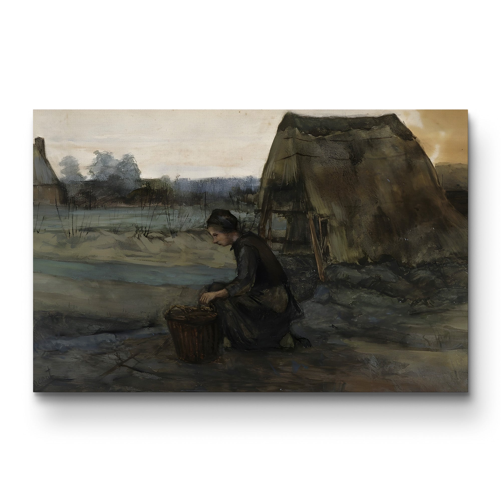 A Kneeling Peasant Woman in Front of a Hut by Vincent van Gogh gallery-wrapped canvas print, front-facing view
