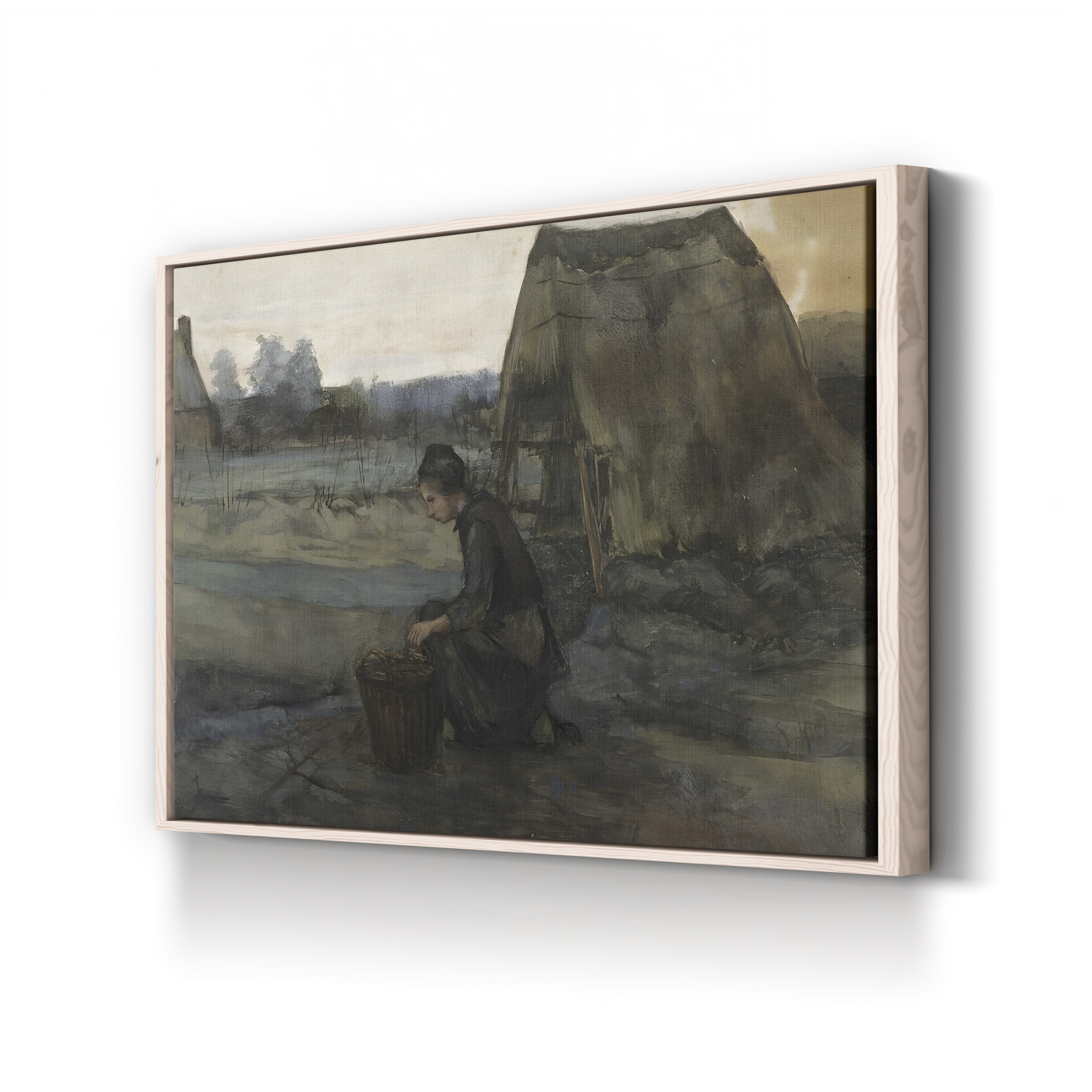 A Kneeling Peasant Woman in Front of a Hut by Vincent van Gogh canvas print in natural wood frame