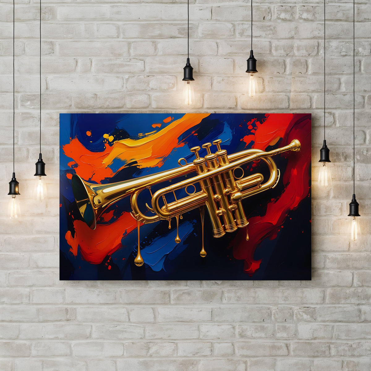 Abstract Jazz Trumpet in Bold Color Splash canvas print displayed on a wall with accent lighting