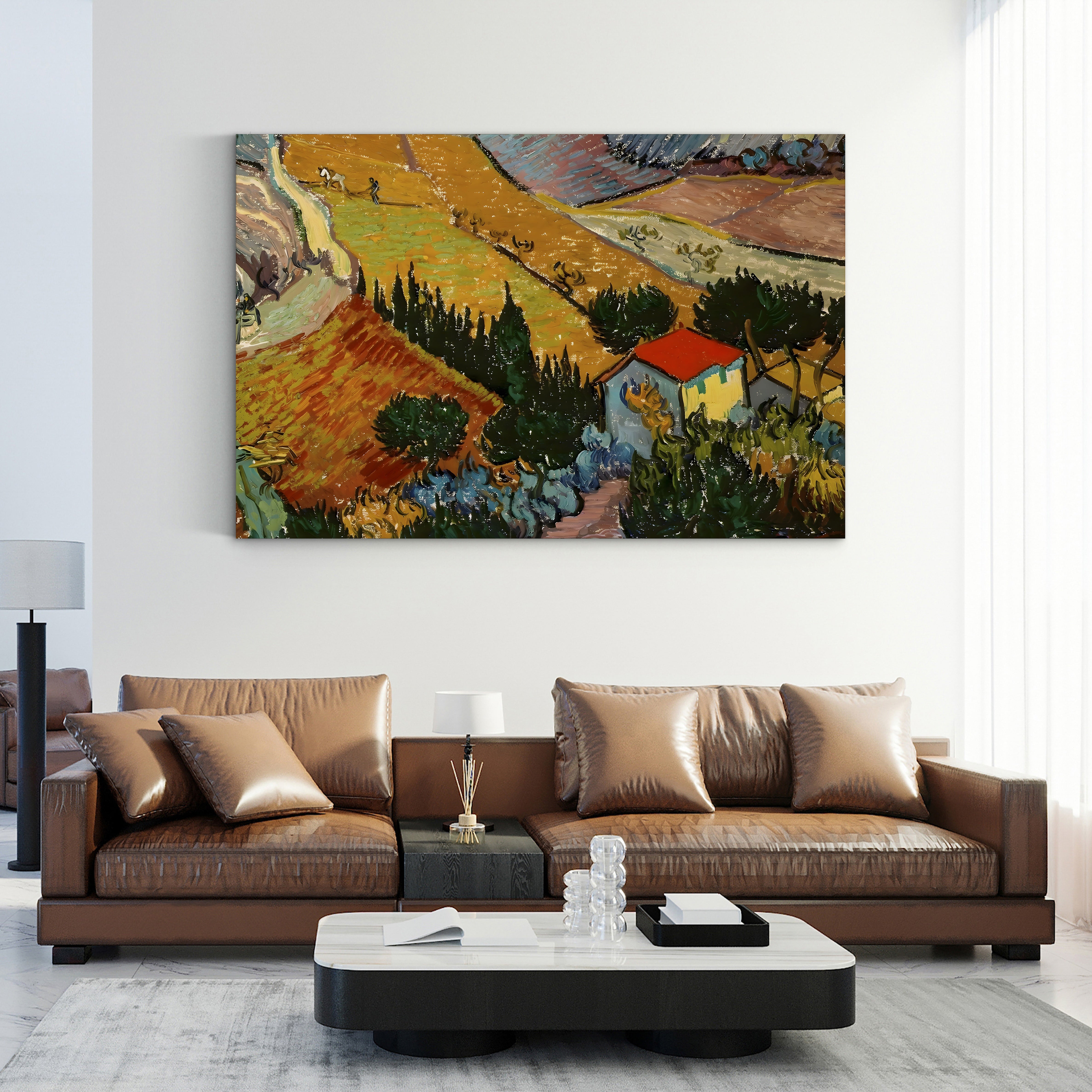 Landscape with House and Ploughman, 1889 – Vincent van Gogh Wall Art | Post-Impressionist Landscape Canvas Print