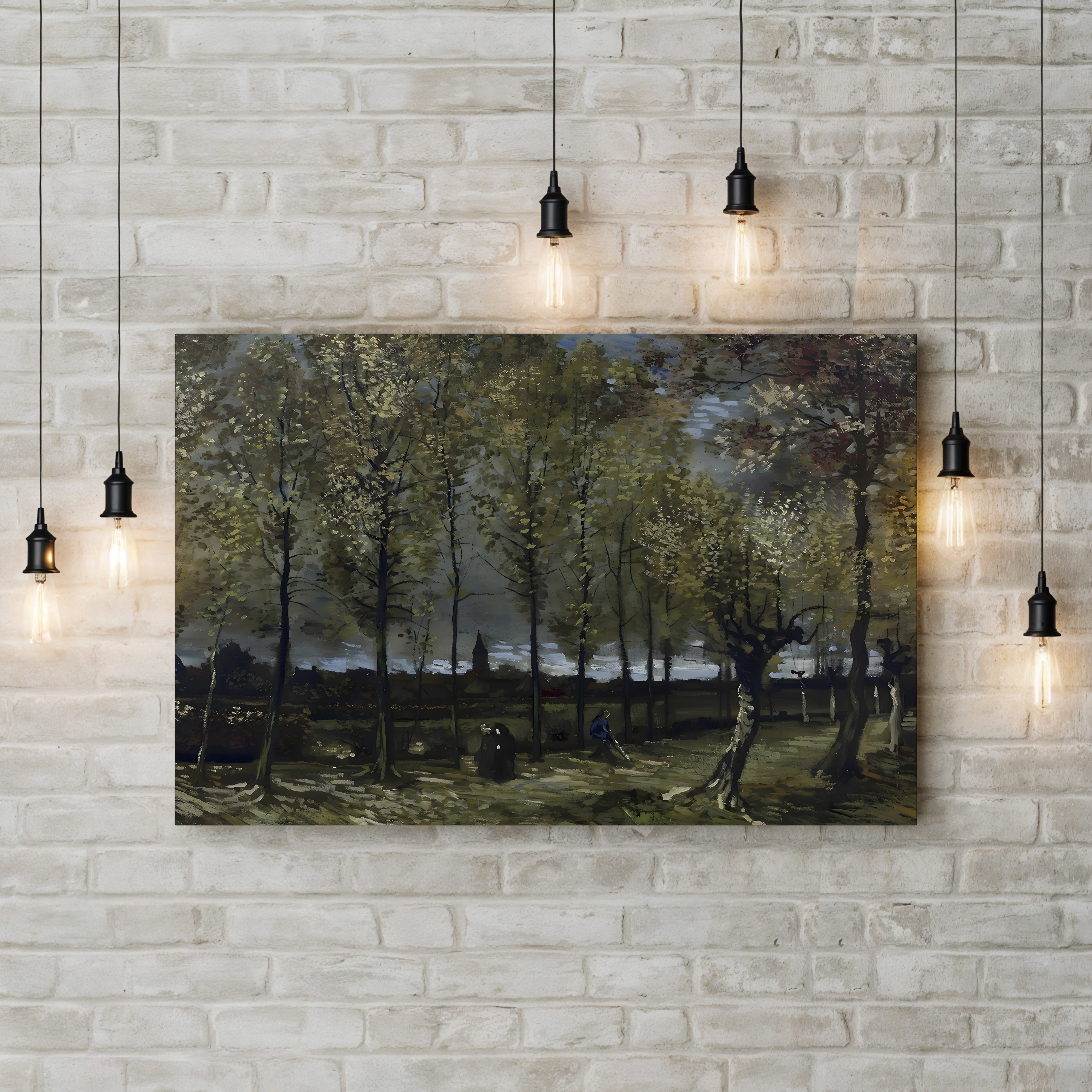 Poplars near Nuenen by Vincent van Gogh canvas print displayed on a brick wall with hanging string lights