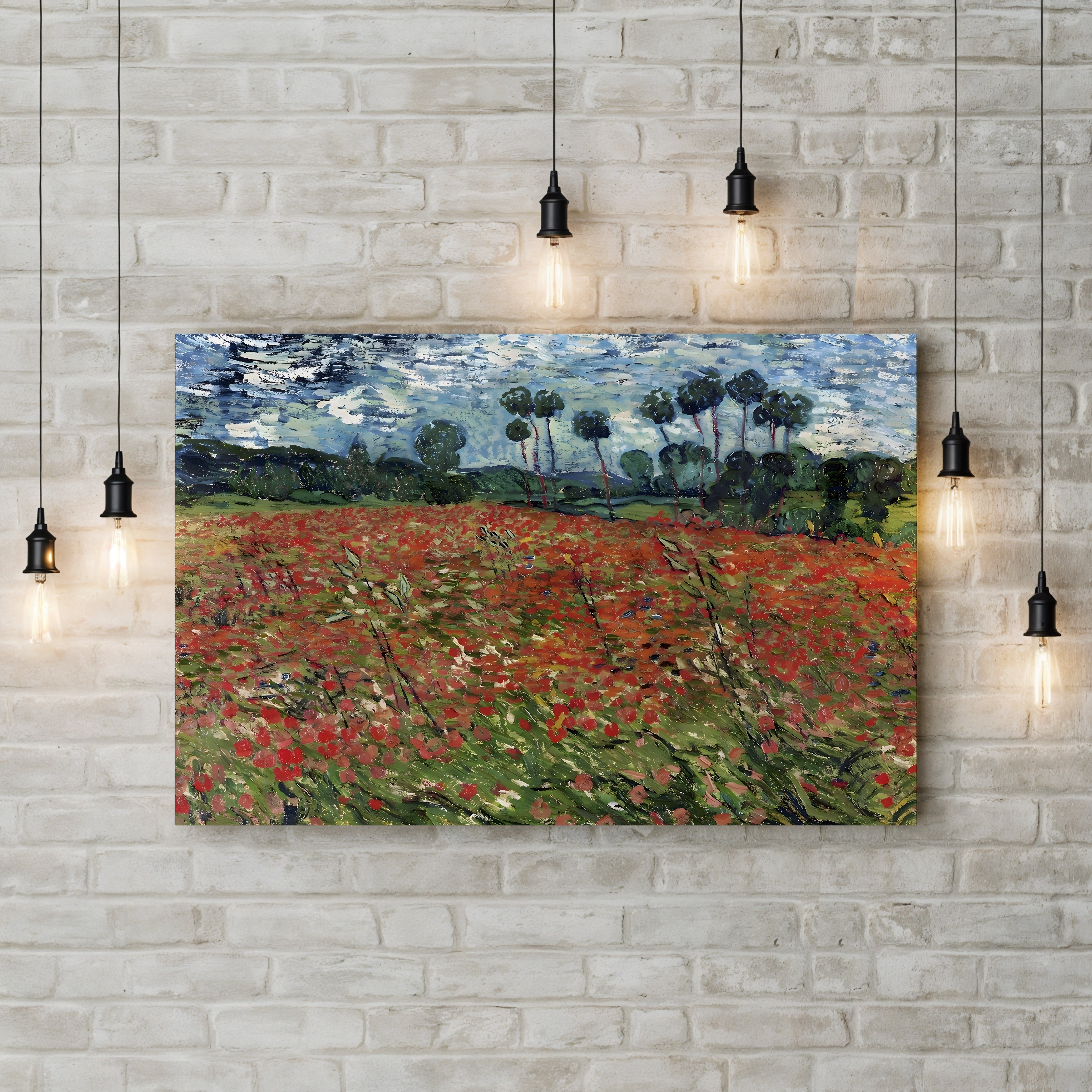 Poppy Field by Vincent van Gogh canvas print displayed on a brick wall with hanging string lights
