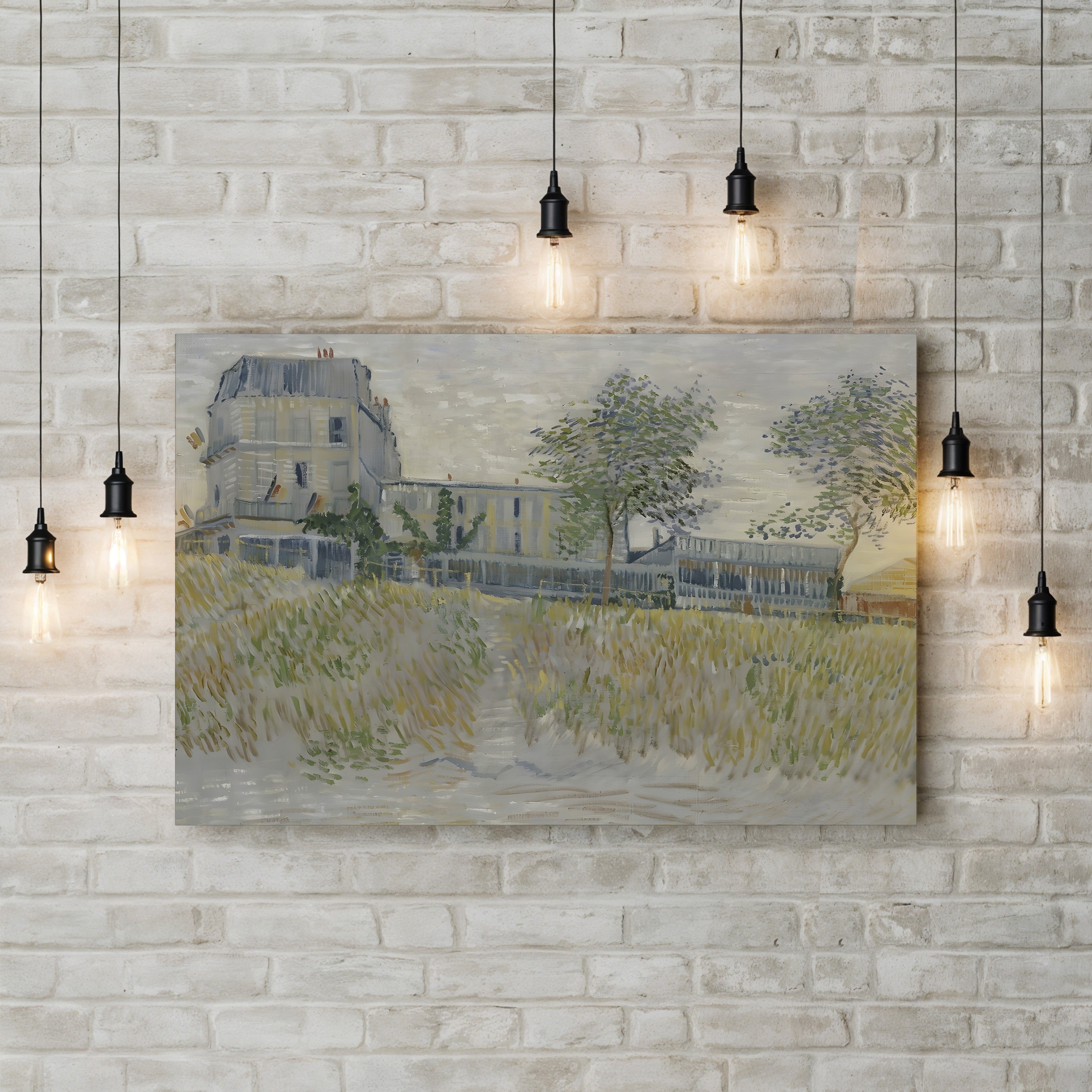 The Restaurant de la Sirène at Asnières by Vincent van Gogh canvas print displayed on a brick wall with hanging string lights