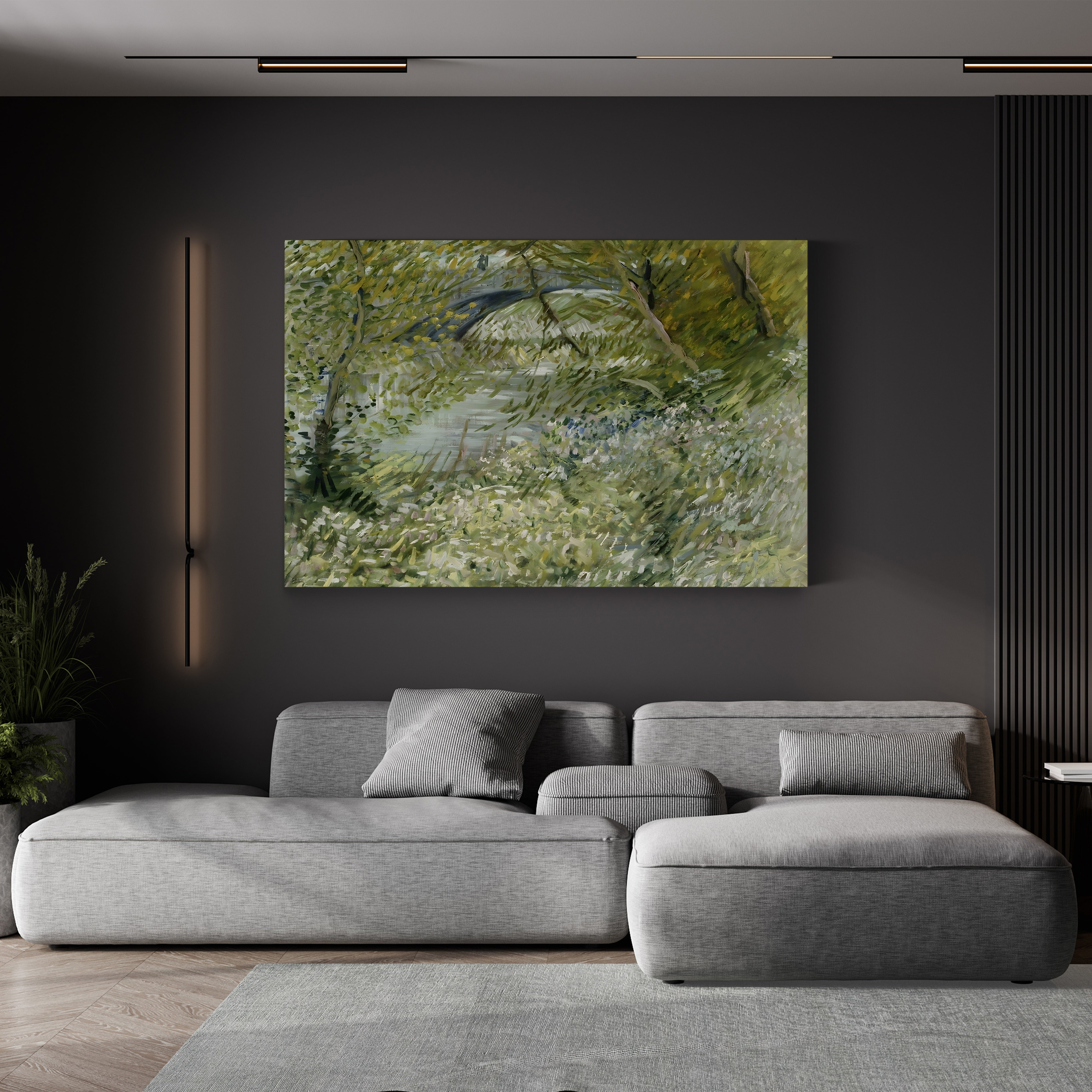 River Bank in Springtime by Vincent van Gogh canvas print displayed in a modern living room with a gray sectional sofa
