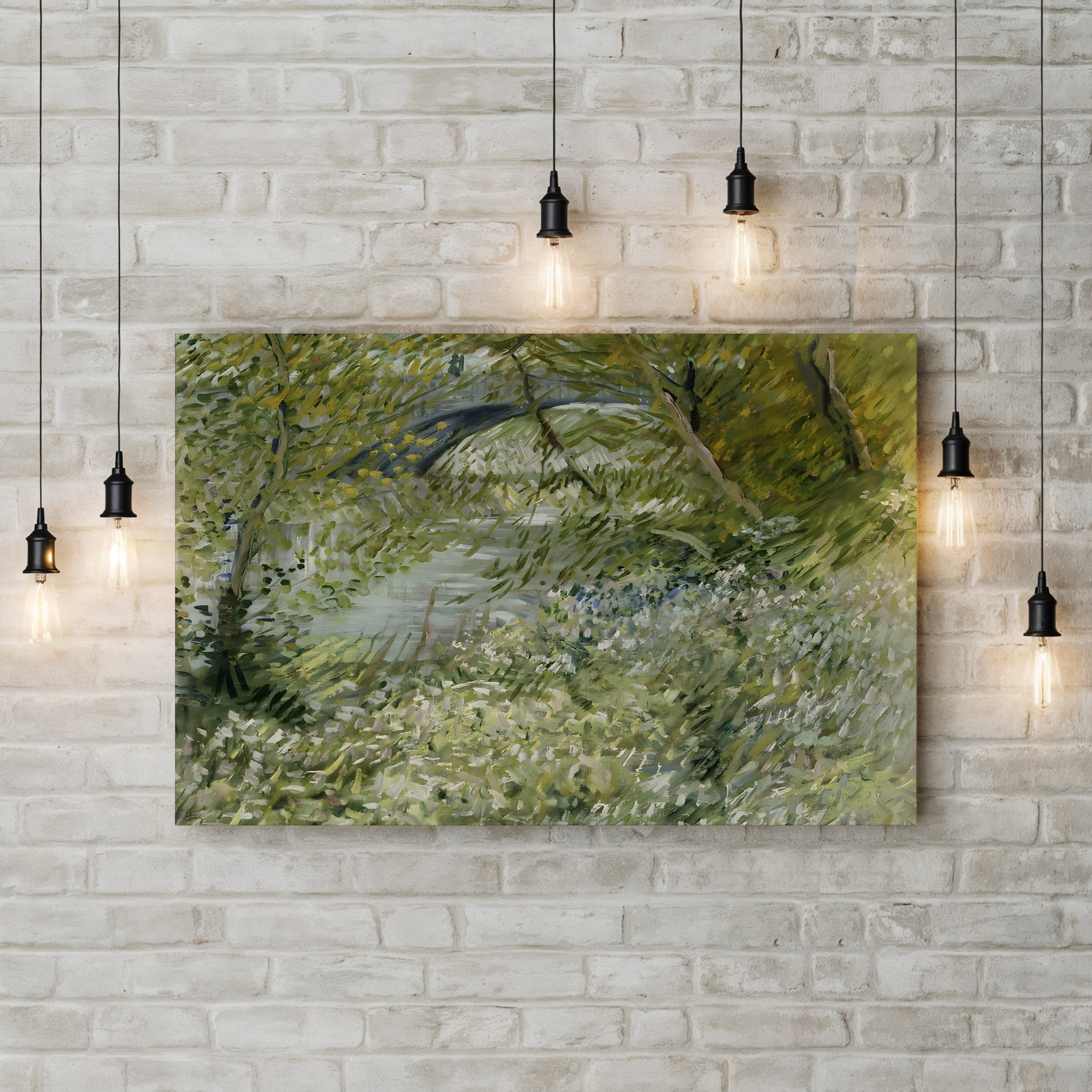 River Bank in Springtime by Vincent van Gogh canvas print displayed in a living room with hanging pendant lights over a brick accent wall