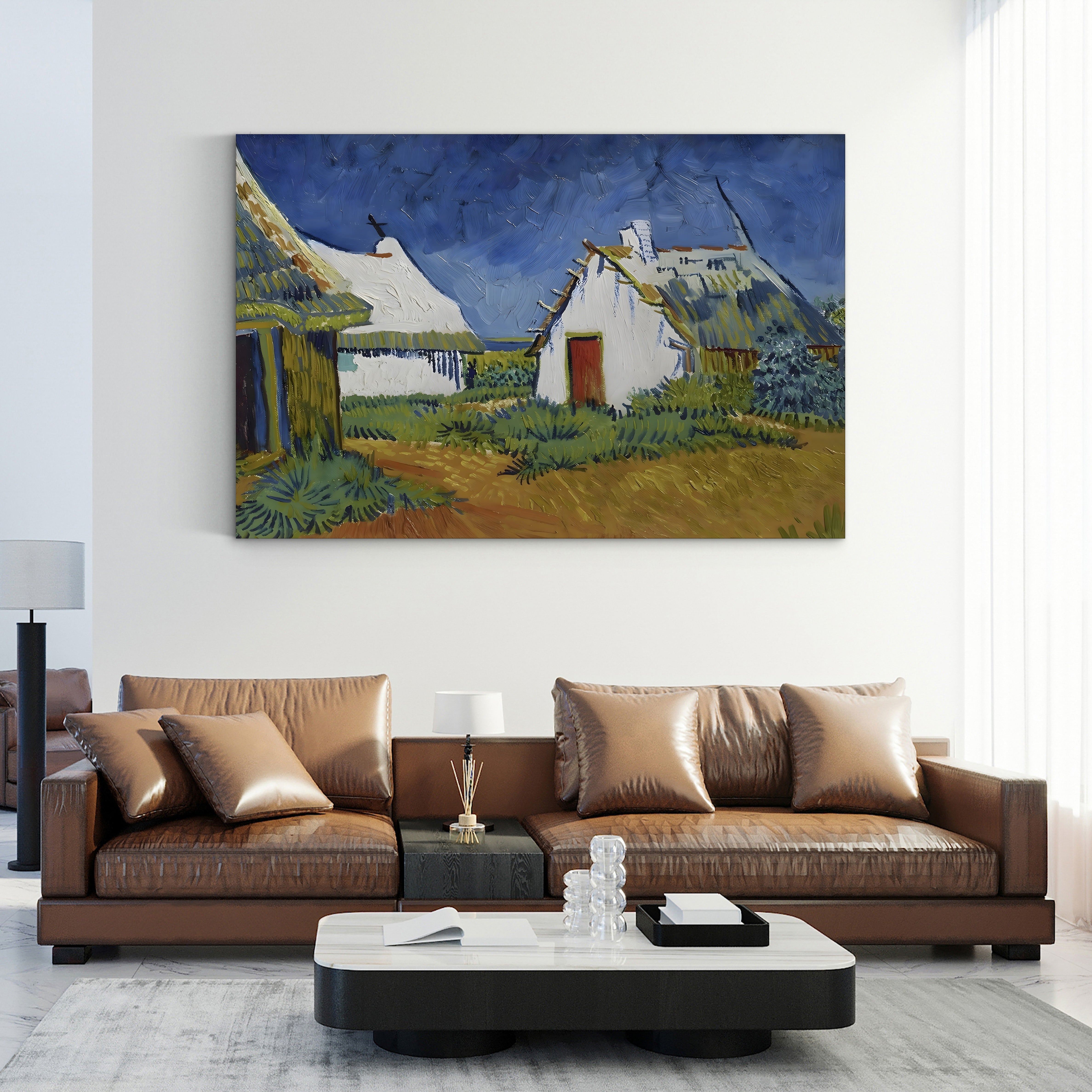 Three White Cottages in Saintes-Maries, 1888 – Vincent van Gogh Wall Art | Post-Impressionist Village Canvas Print