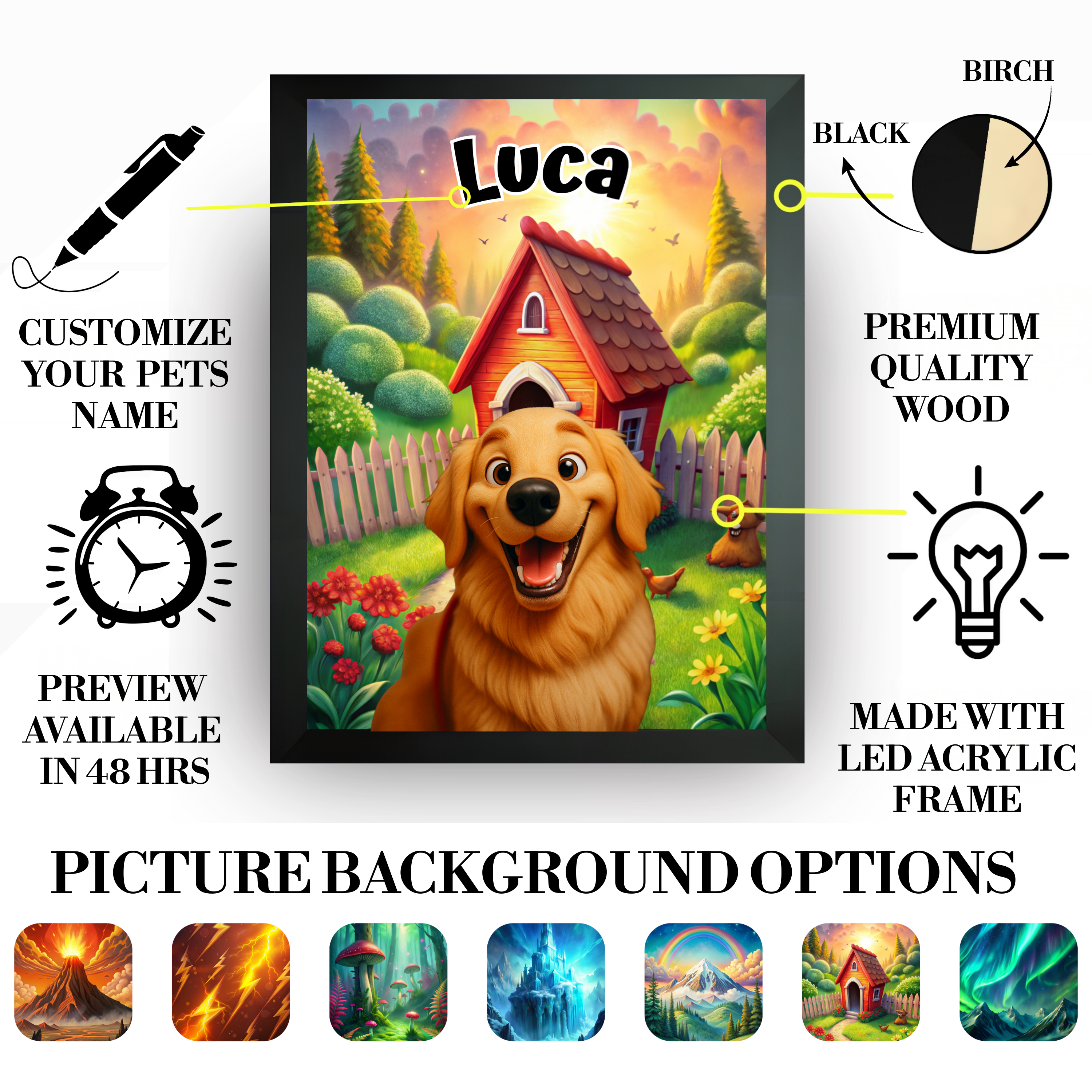 Custom 3D cartoon pet portrait LED light box, lit and glowing