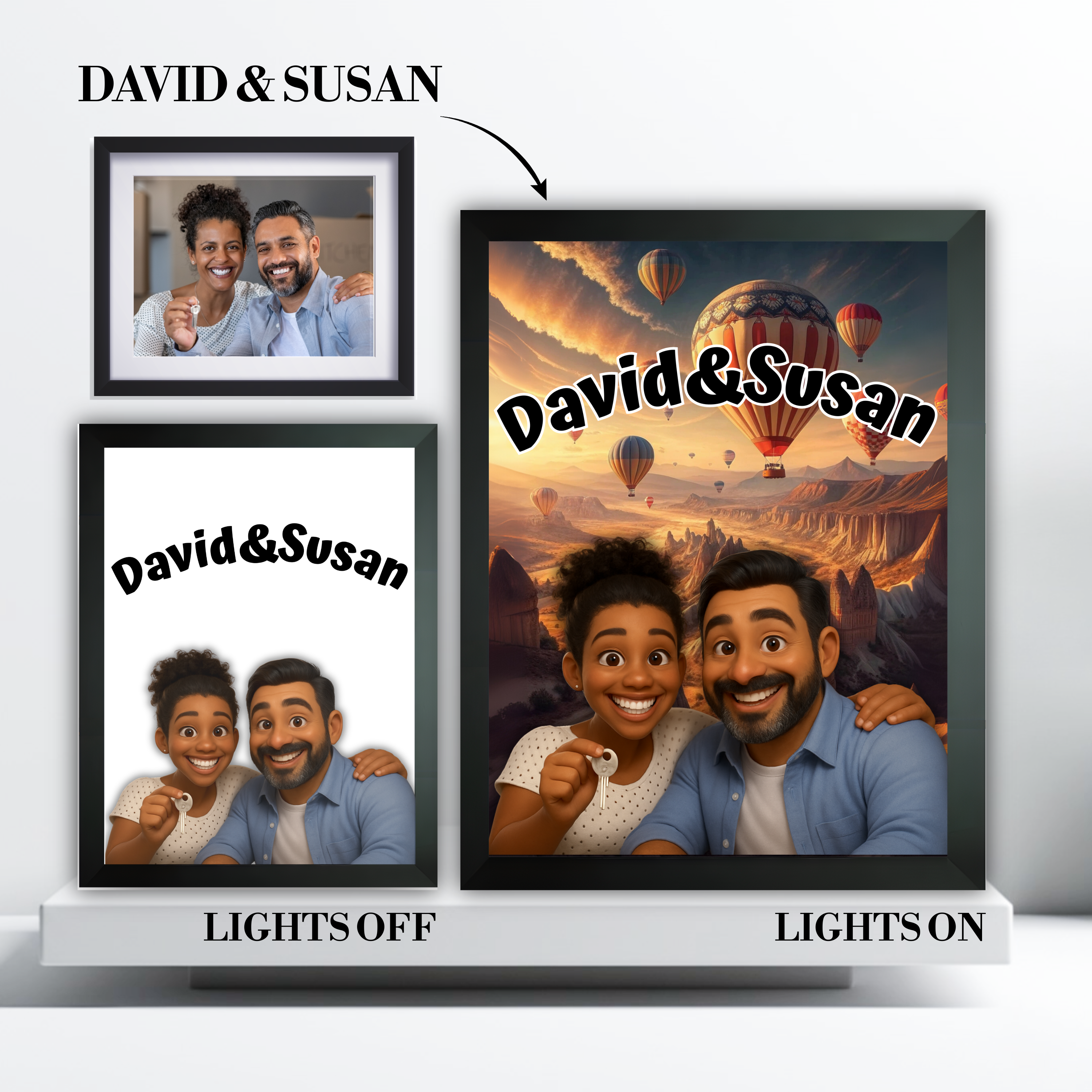 Close-up of the illustrated 3D cartoon portrait inside the light box