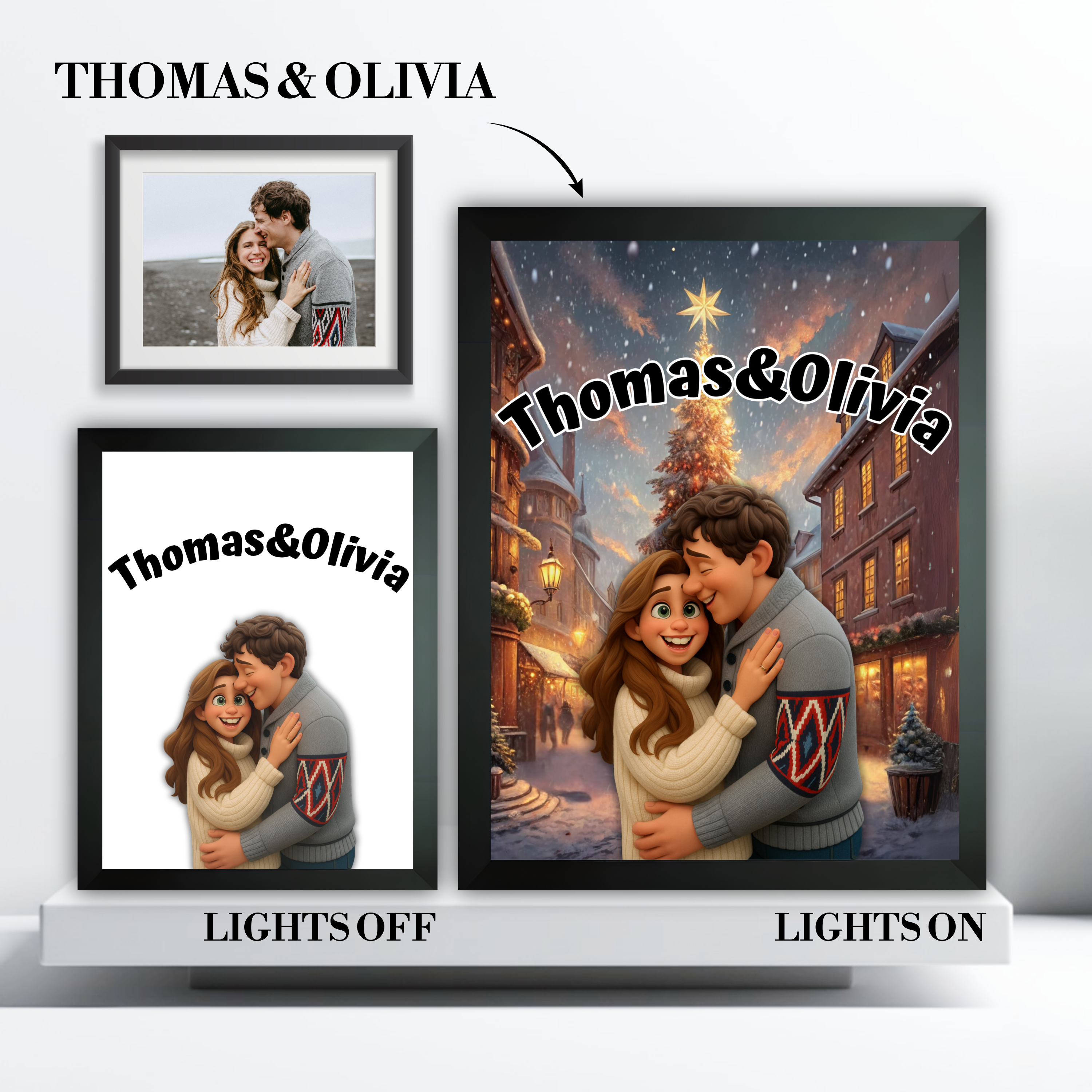Cartoon portrait LED light box glowing in a dim room