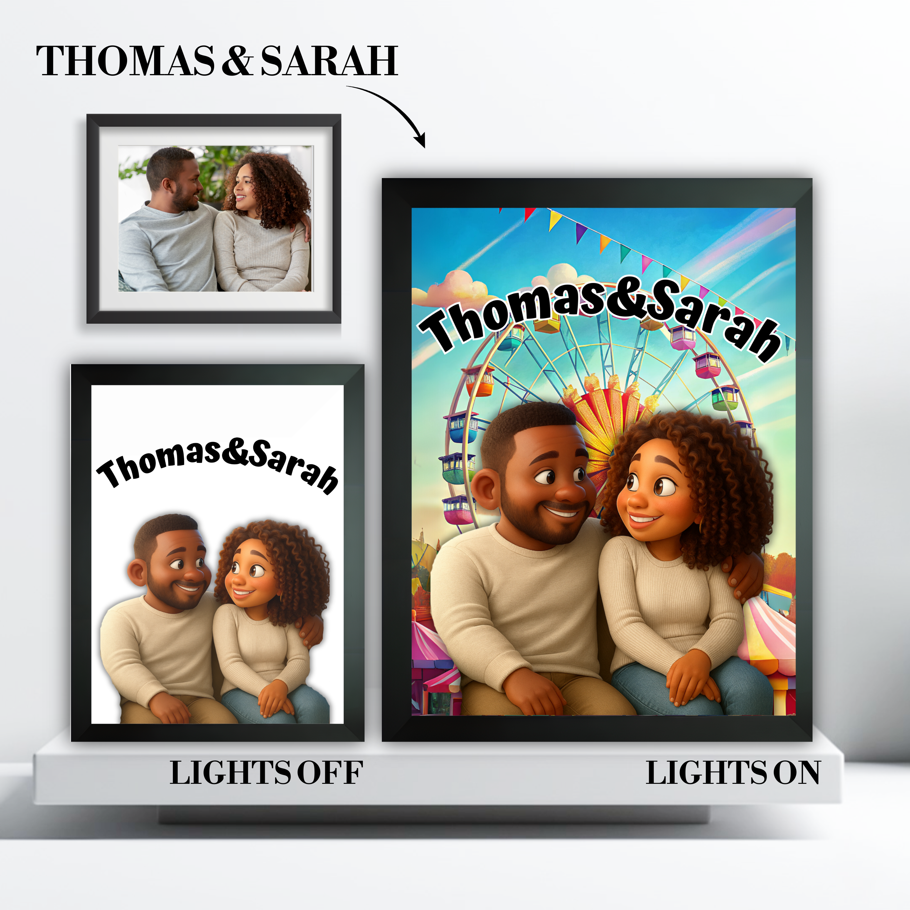 Black and birch frame options for the custom cartoon portrait light box