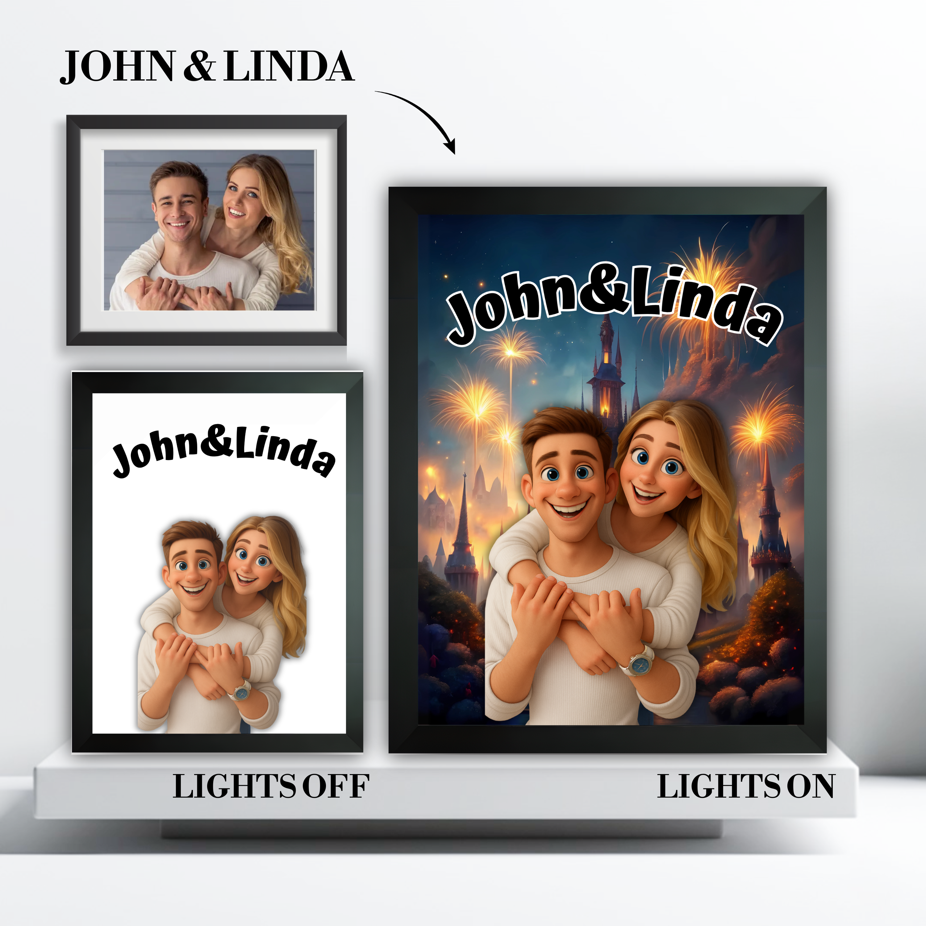 Example of a photo turned into a custom 3D cartoon portrait light box