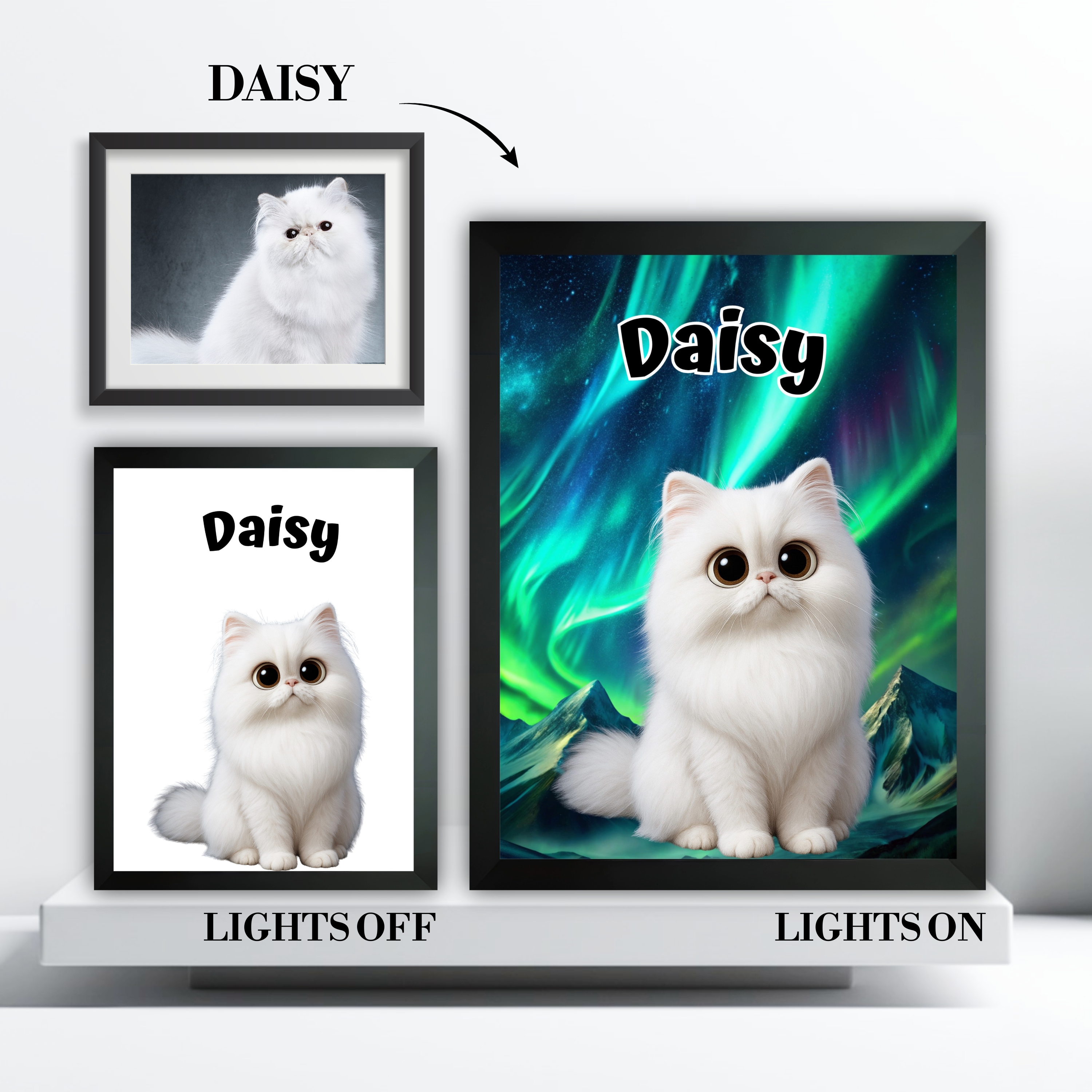 Close-up of the illustrated 3D cartoon pet portrait inside the light box