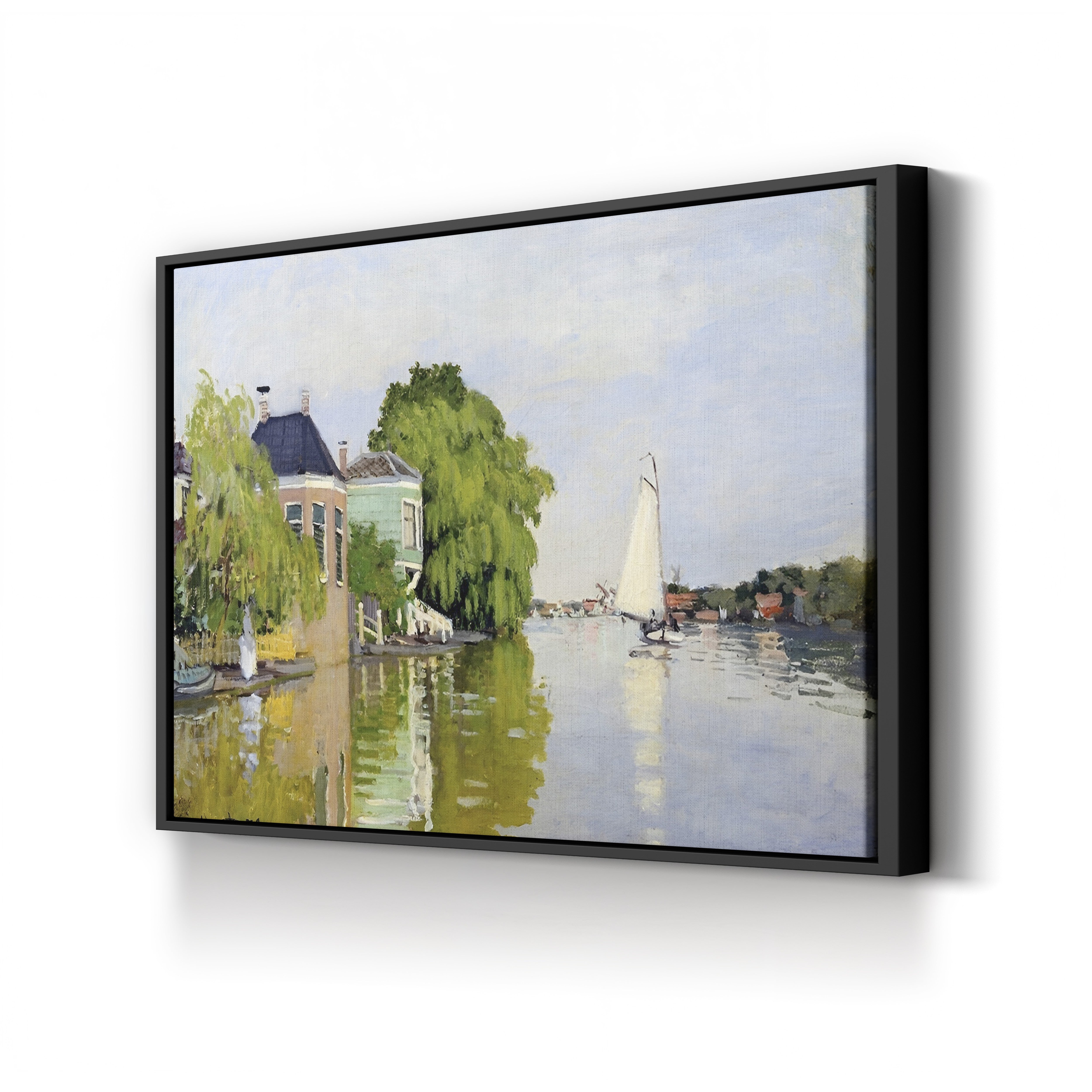 Houses on the Achterzaan – Claude Monet Wall Art | Early Impressionist Dutch Waterfront Canvas Print