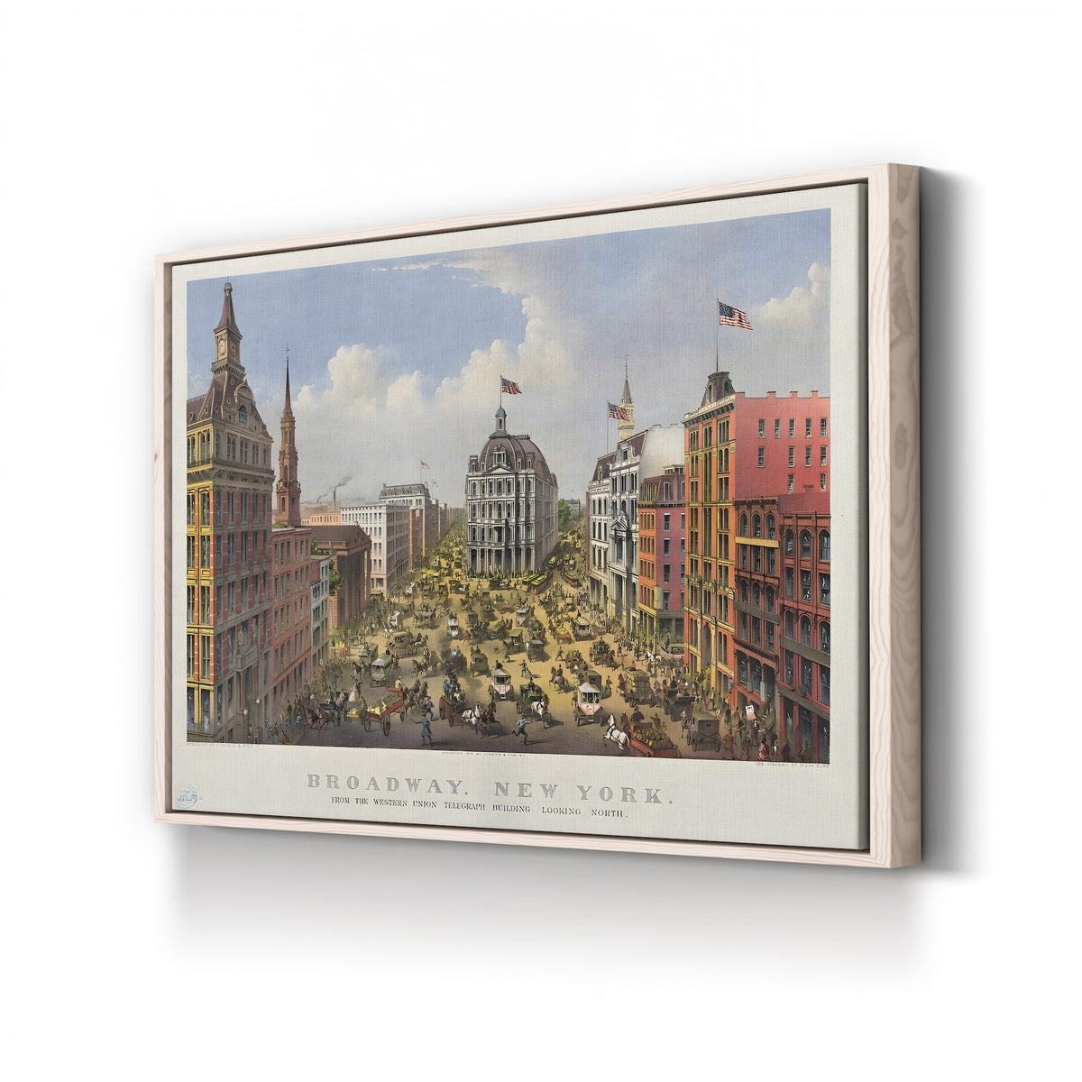 Broadway, New York, from the Western Union Telegraph Building, c. 1875 by Currier & Ives canvas print in natural wood frame