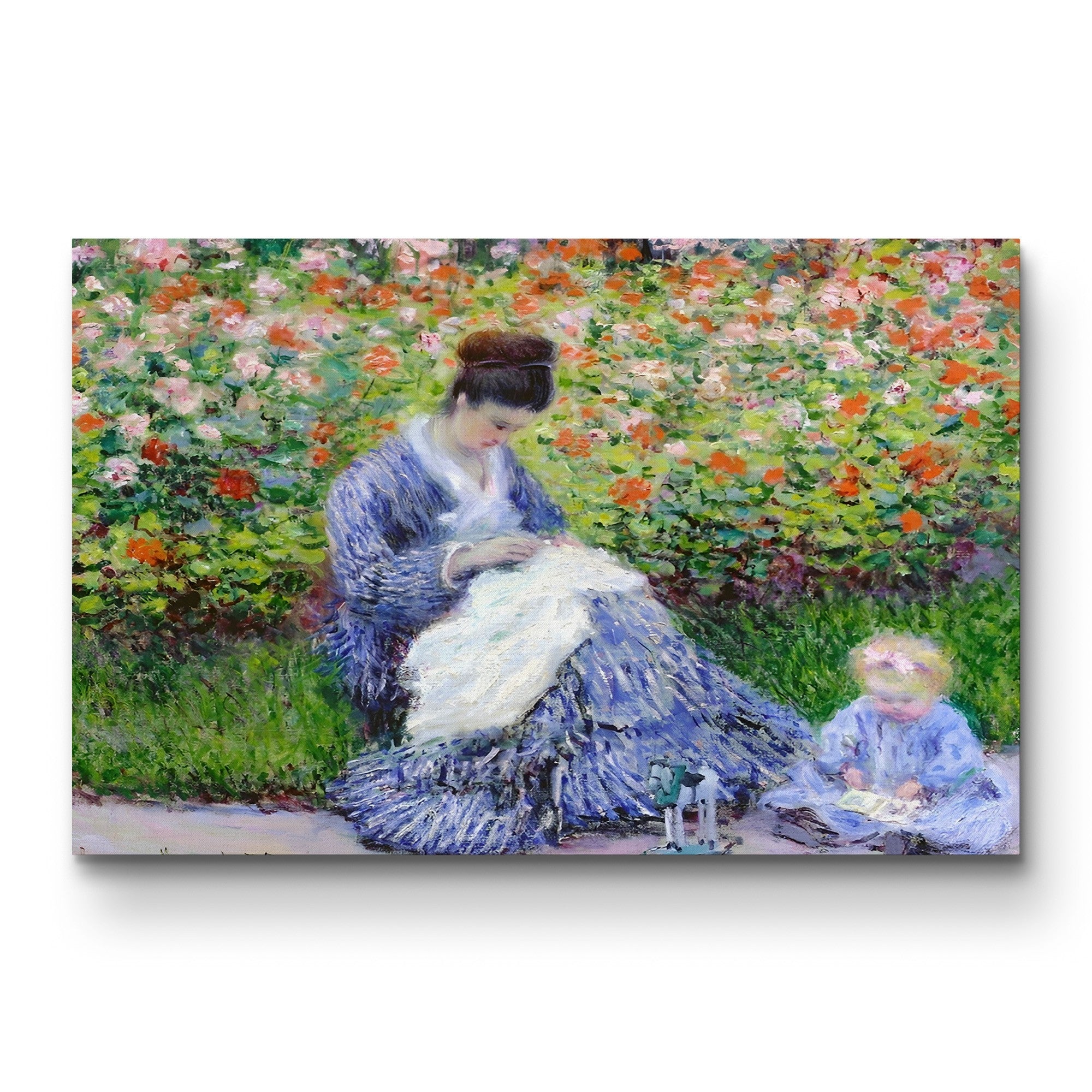 Camille Monet and a Child in the Artist's Garden at Argenteuil – Claude Monet Wall Art | Impressionist Garden Figure Canvas Print