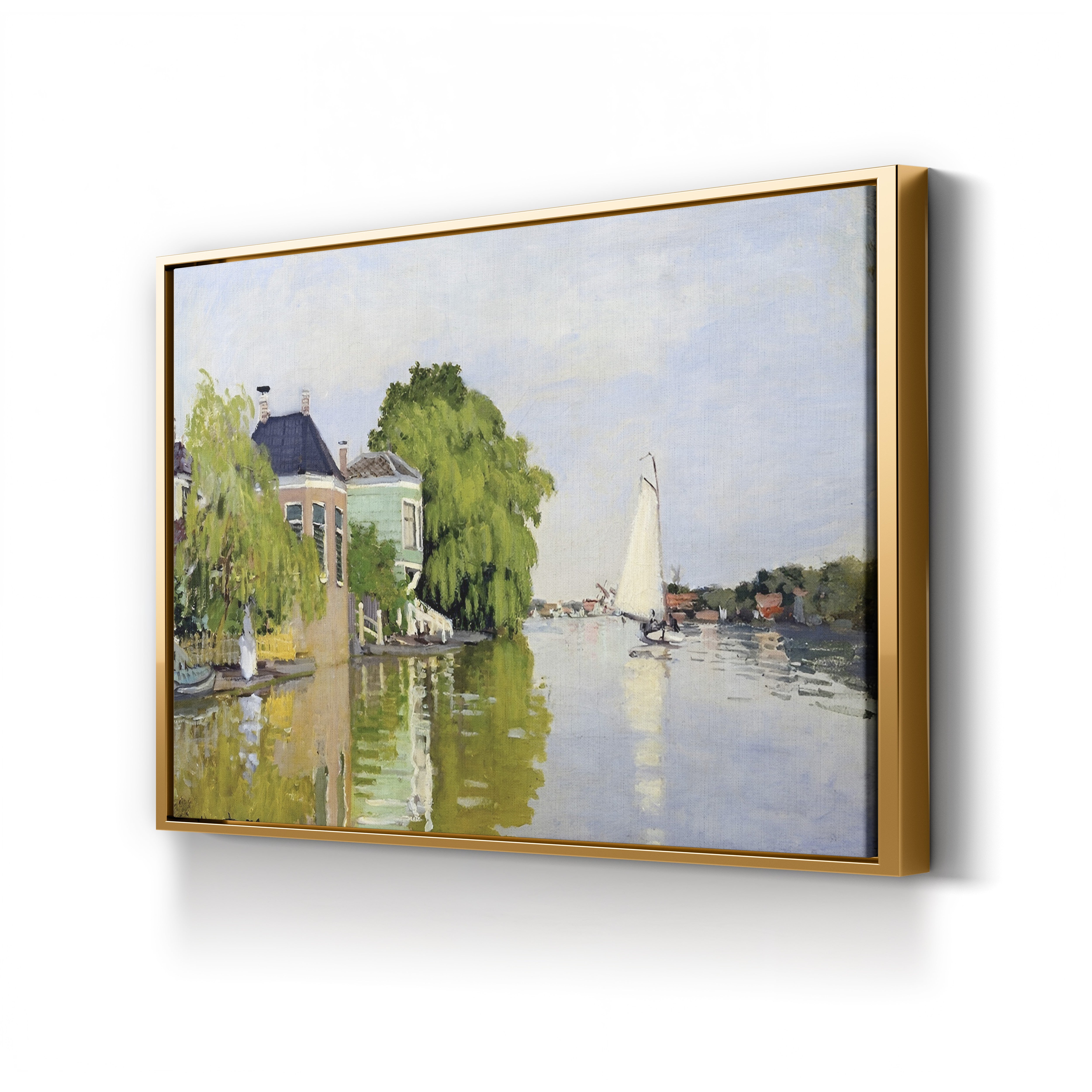 Houses on the Achterzaan – Claude Monet Wall Art | Early Impressionist Dutch Waterfront Canvas Print