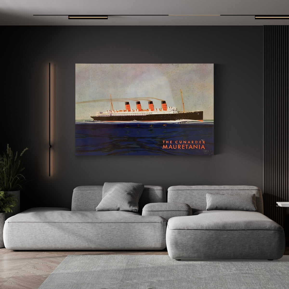 The Cunarder Mauretania by Fred J. Hoertz canvas print displayed in a living room