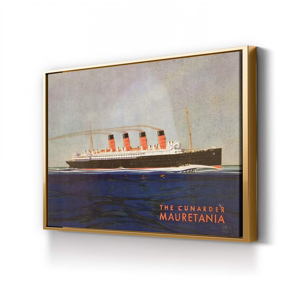 The Cunarder Mauretania by Fred J. Hoertz canvas print in gold frame