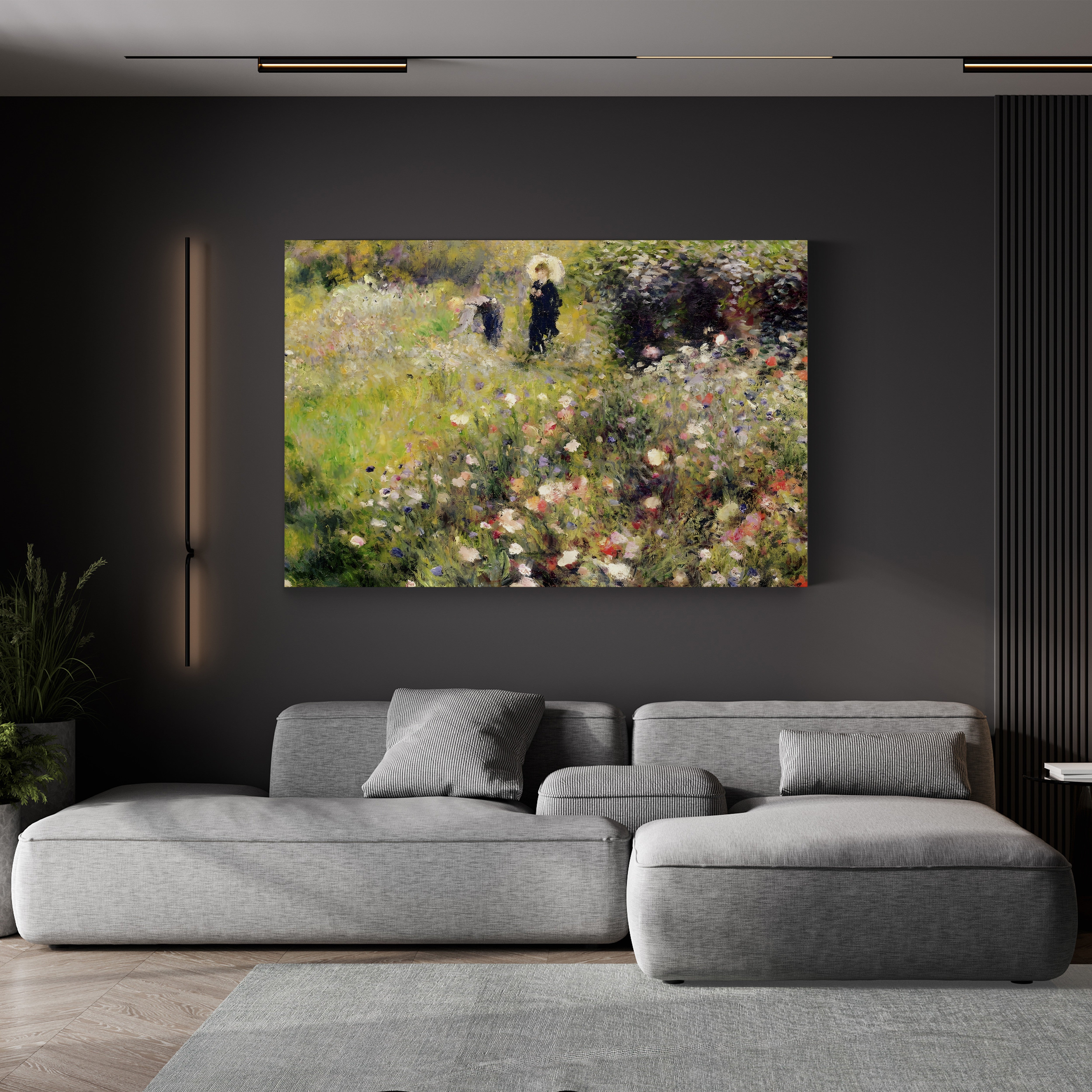 Woman with a Parasol in a Garden by Pierre-Auguste Renoir canvas print displayed above a gray sofa