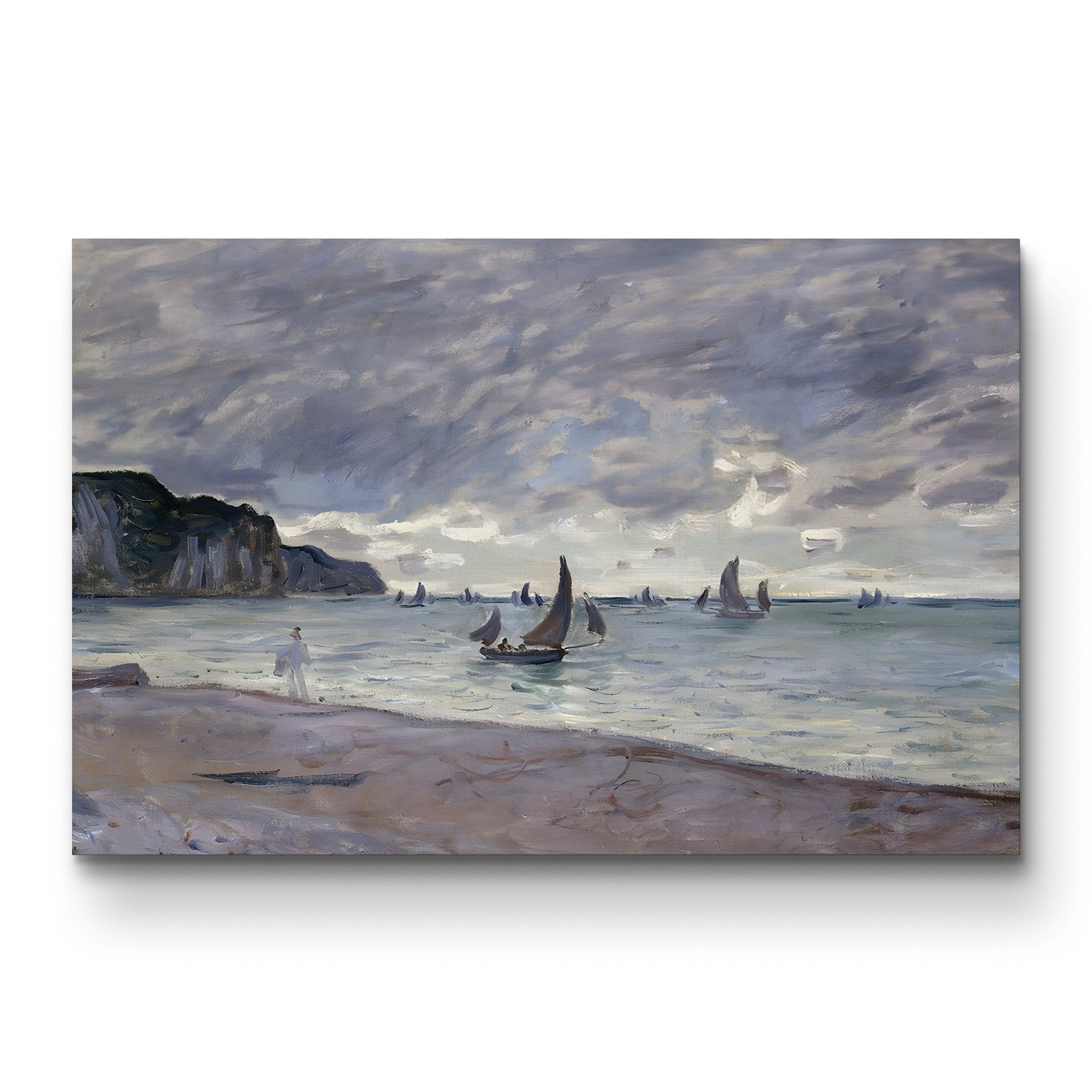 Fishing Boats in Front of the Beach and Cliffs of Pourville, 1882 – Claude Monet Wall Art | Impressionist Seascape Print