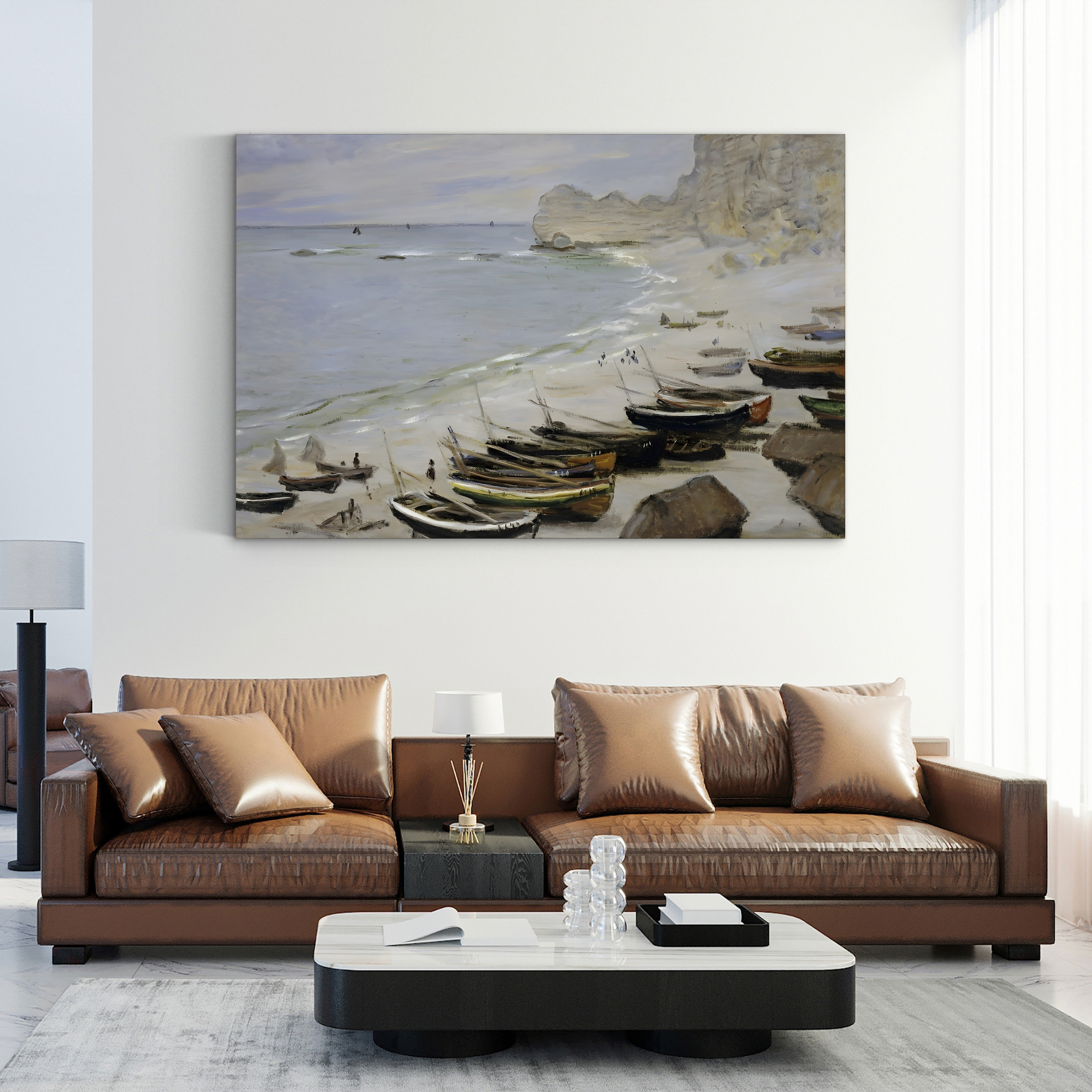 Boats on the Beach at Étretat, 1883 – Claude Monet Wall Art | Impressionist Normandy Coastal Canvas Print