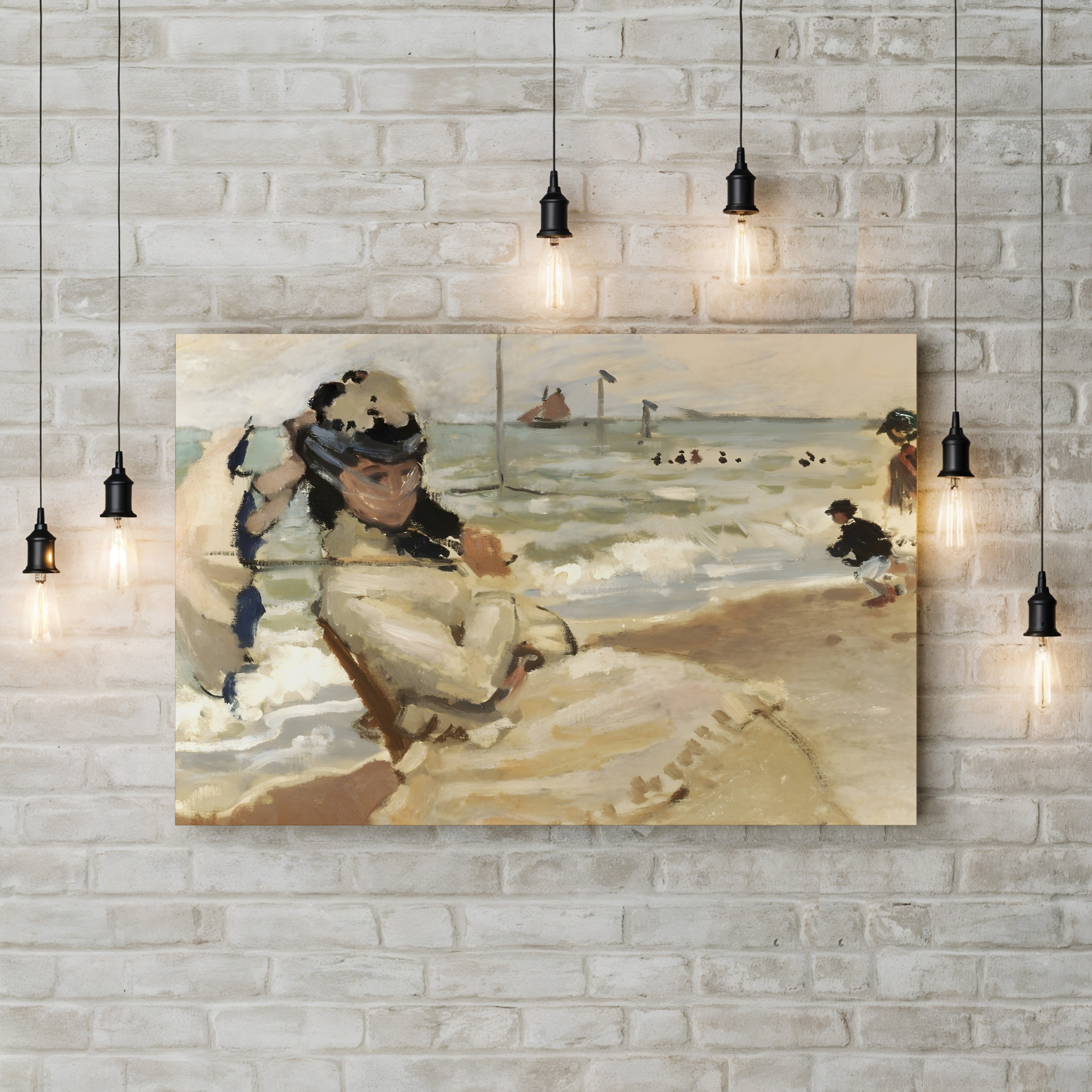 Camille on the Beach at Trouville – Claude Monet Wall Art | Early Impressionist Norman Beach Canvas Print