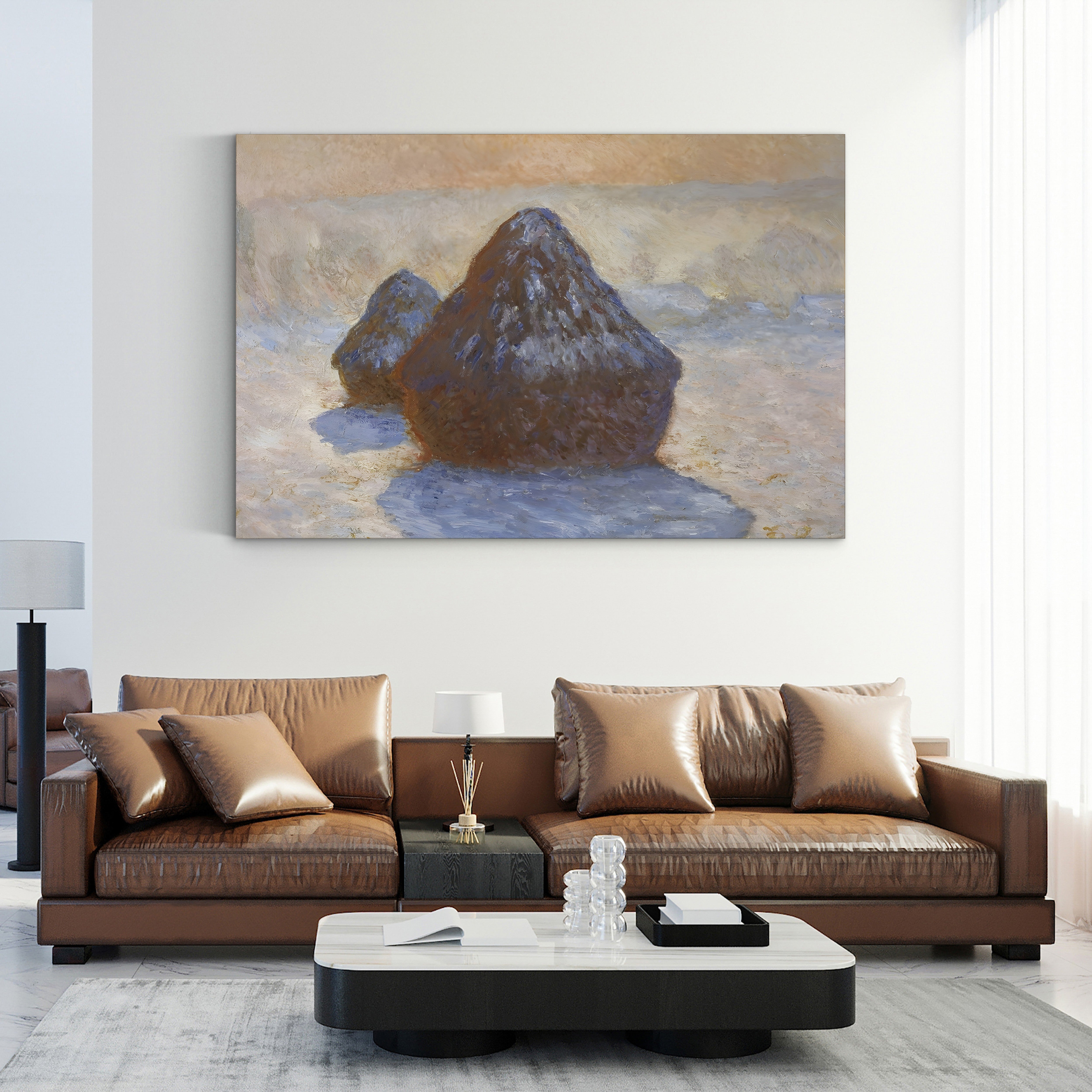 Haystacks, Snow Effect – Claude Monet Wall Art | Impressionist Winter Landscape Canvas Print