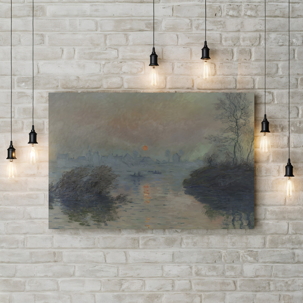 Sunset on the Seine at Lavacourt, c. 1880 by Claude Monet canvas print displayed on a brick wall
