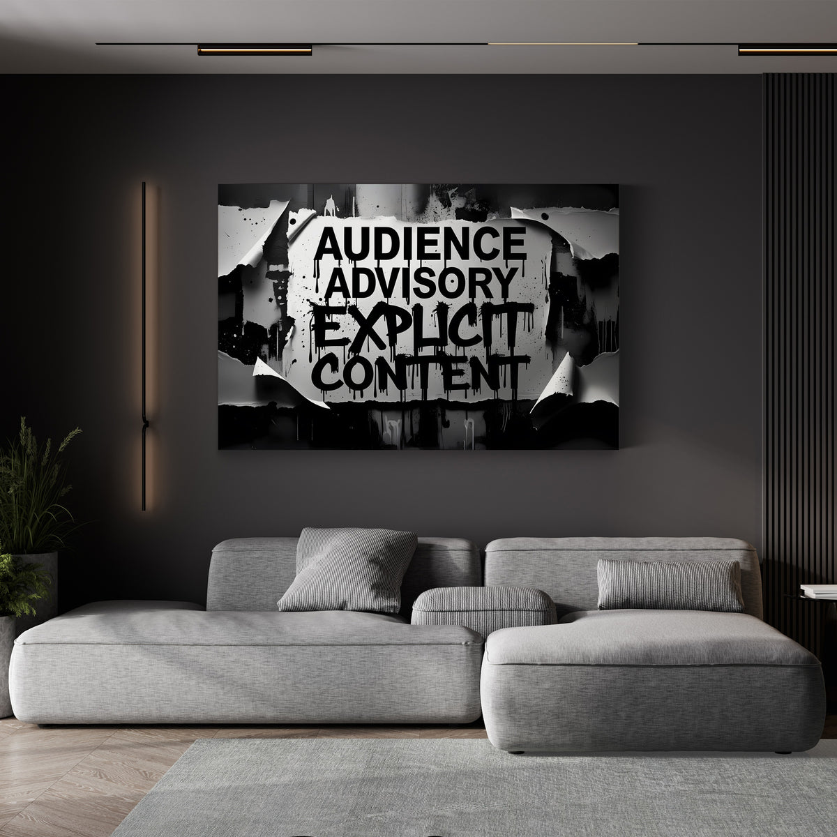 Audience Advisory Explicit Content Graffiti canvas print displayed in a living room with a gray sofa