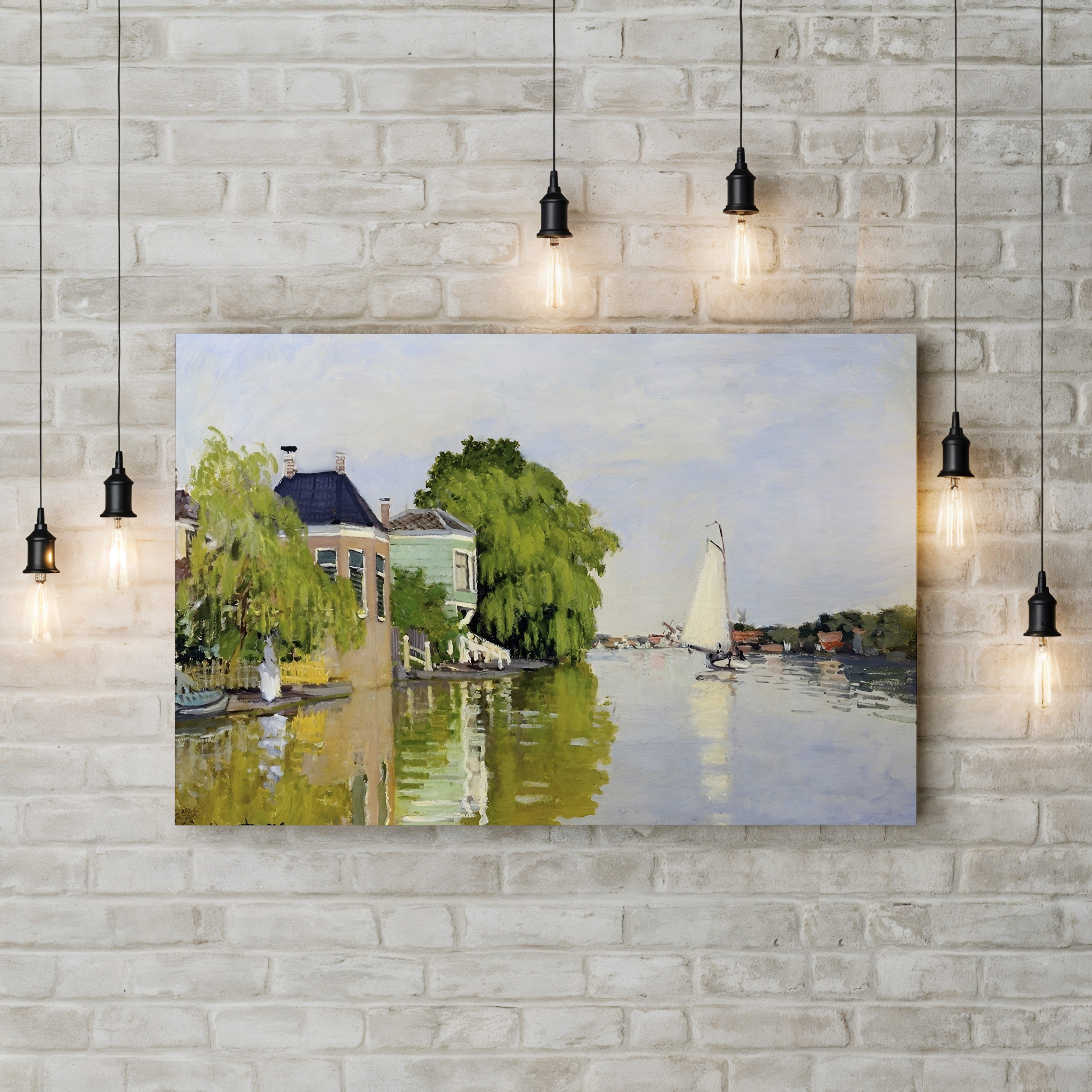 Houses on the Achterzaan – Claude Monet Wall Art | Early Impressionist Dutch Waterfront Canvas Print