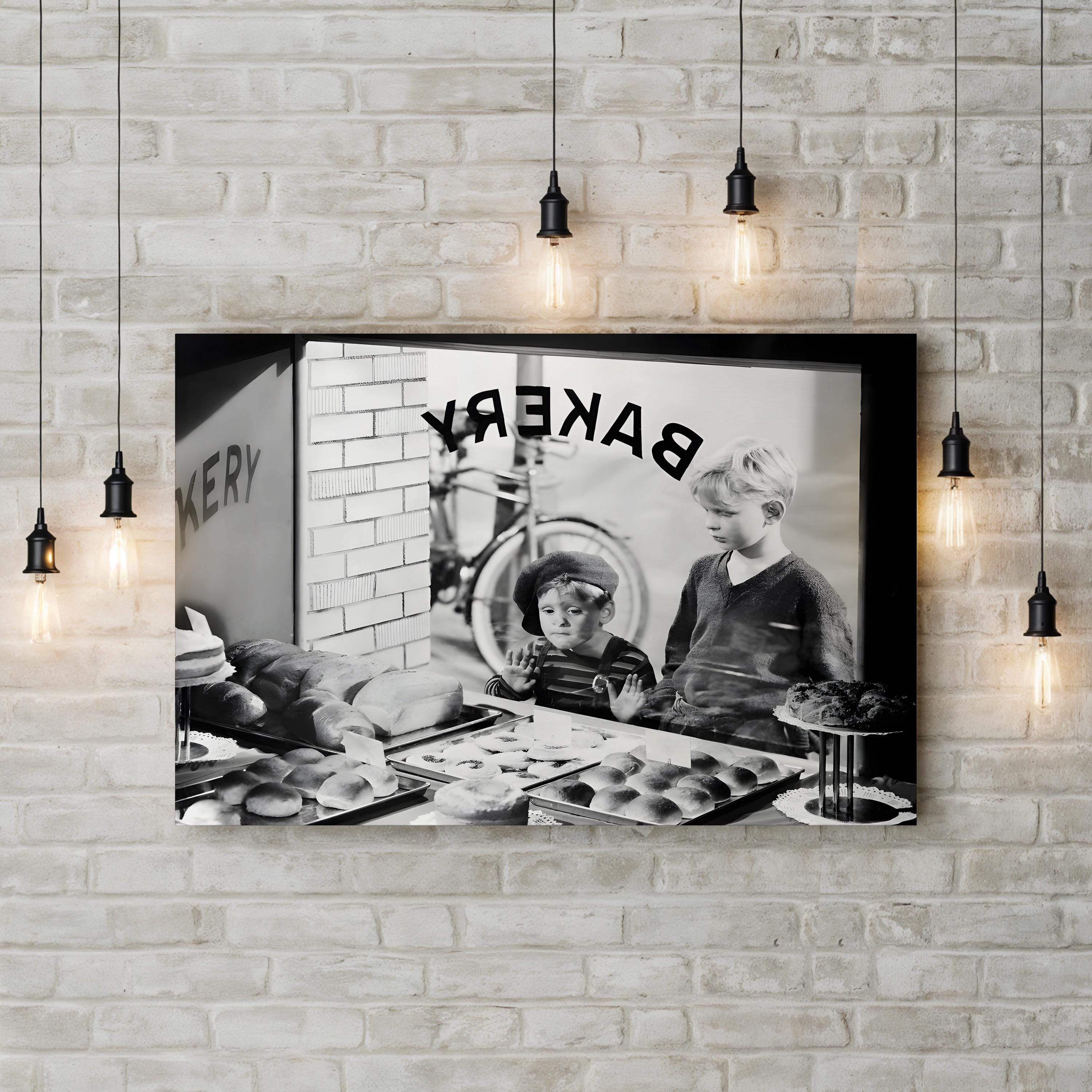 1930s Bakery with Children – Vintage Photography Wall Art | Black & White Kitchen Canvas Print