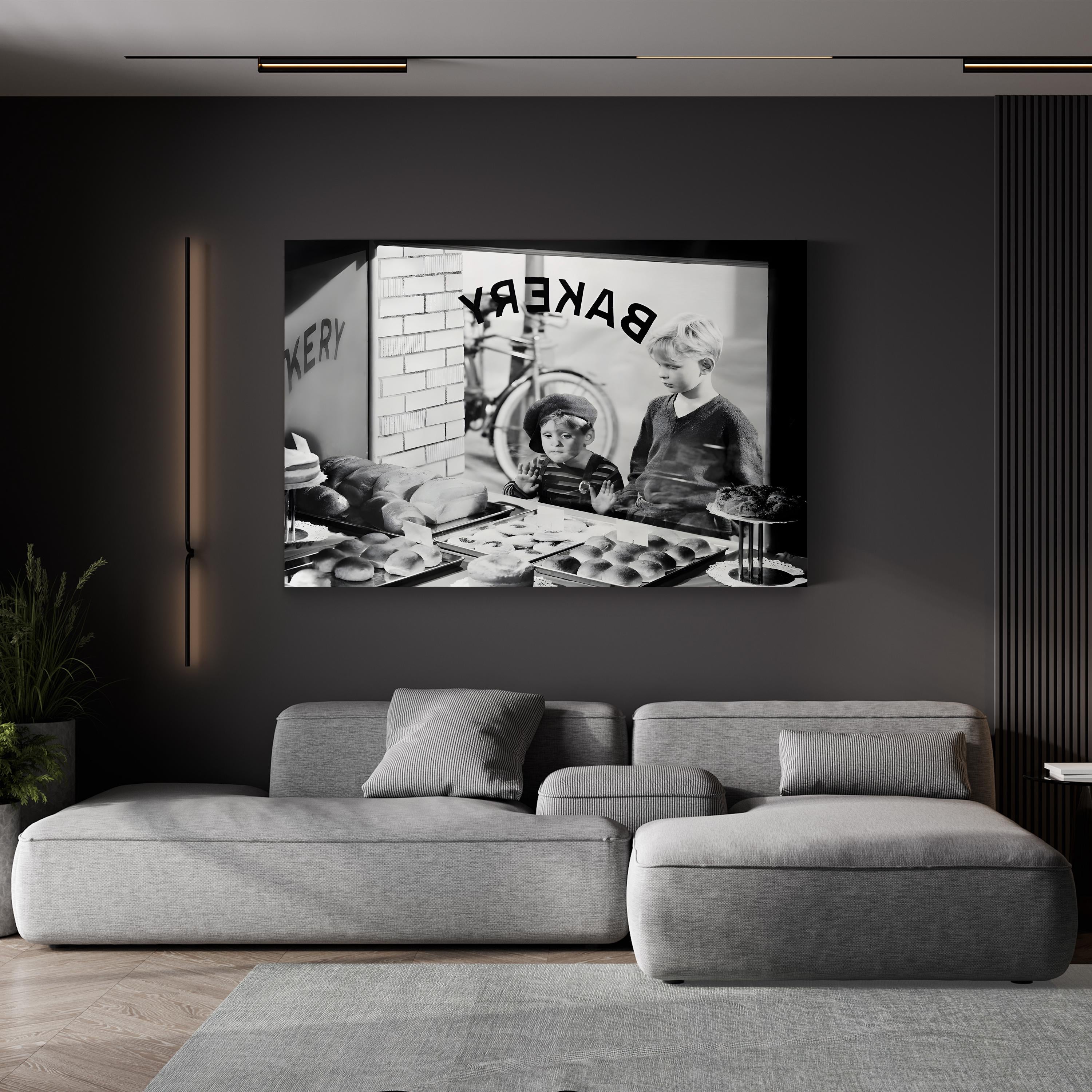 1930s Bakery with Children – Vintage Photography Wall Art | Black & White Kitchen Canvas Print