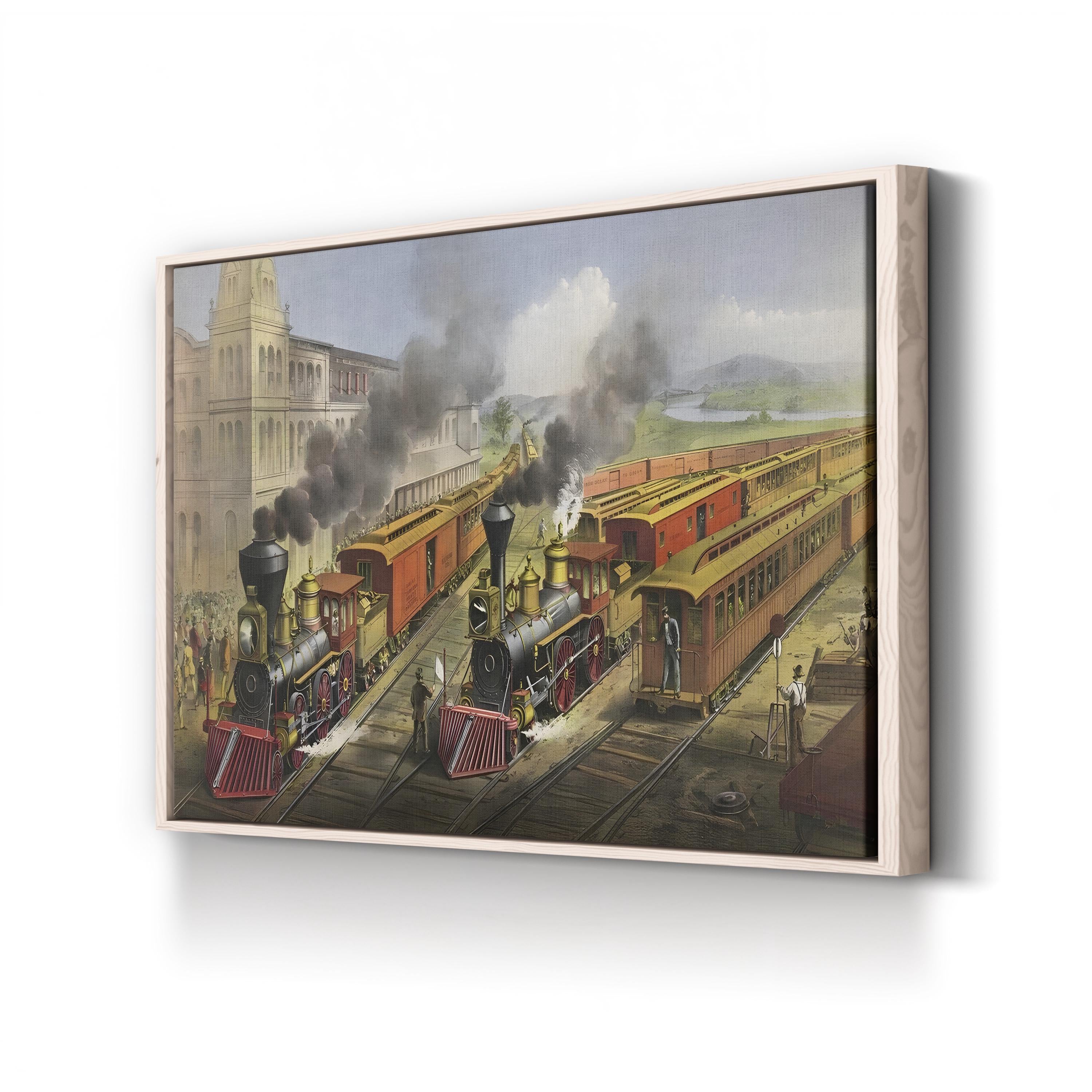 Lightning Express Trains Leaving the Junction Wall Art | 19th Century American Railroad Scene Print