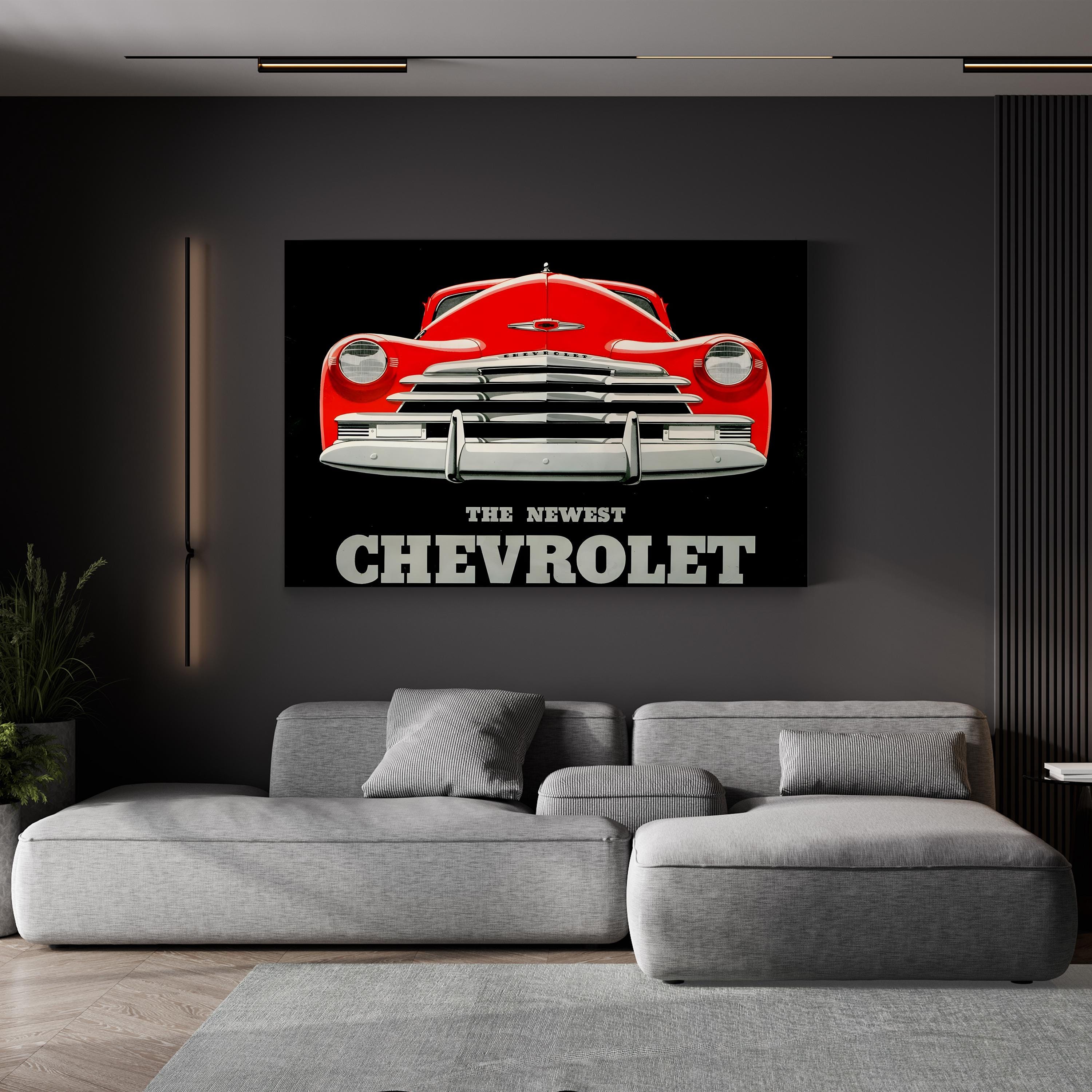 1940s Chevrolet Red Coupe – Period Advertisement Wall Art | Classic Automotive Canvas Print
